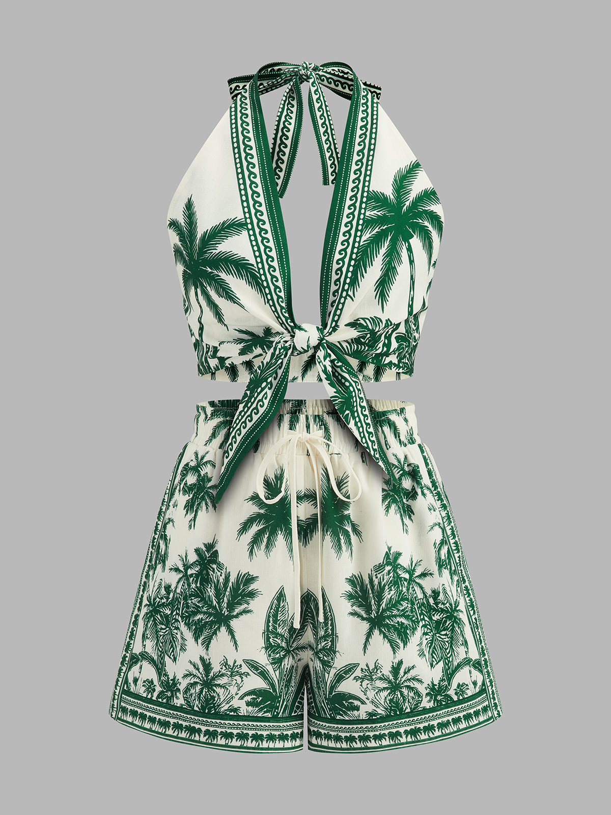 Tropical Print Halter Top & Drawstring Shorts Set for Beachwear