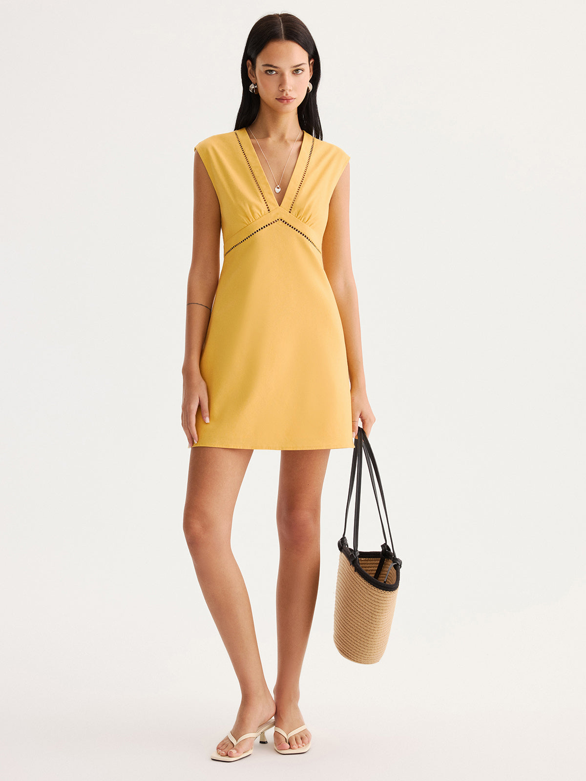 Linen Blend Eyelet Trim Sleeveless Mini Dress for Summer Casual Wear