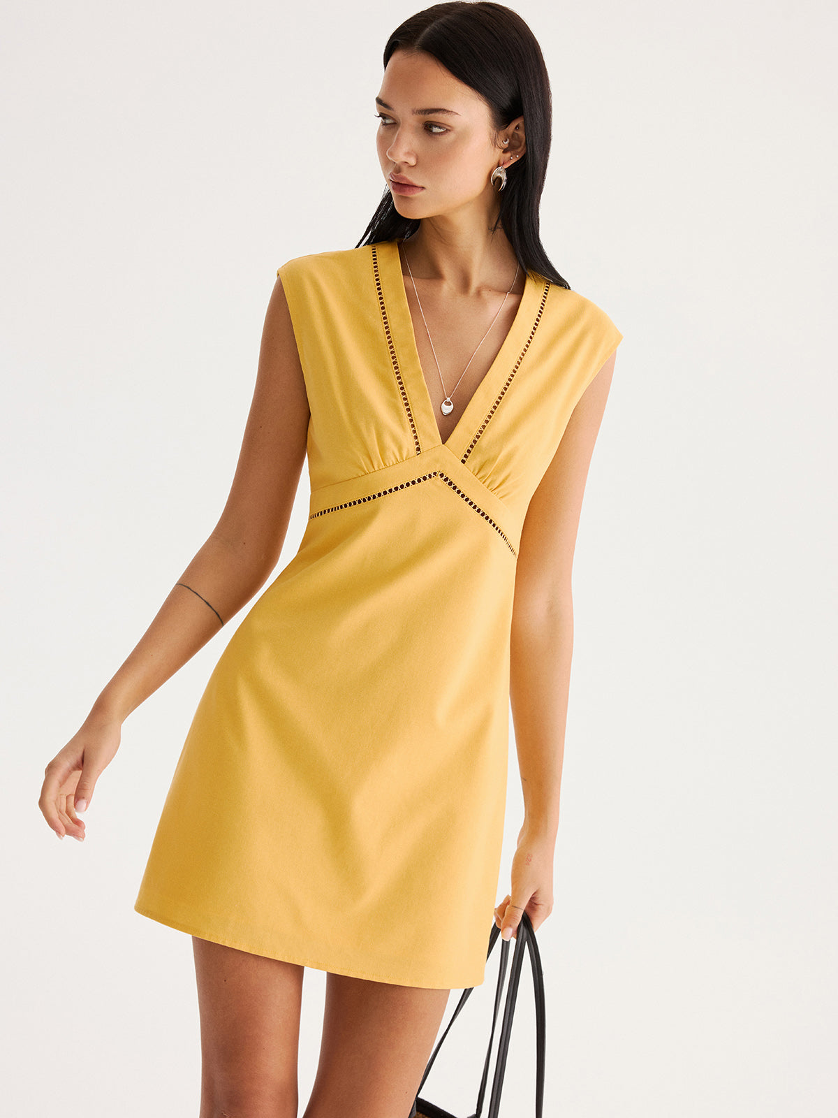 Linen Blend Eyelet Trim Sleeveless Mini Dress for Summer Casual Wear