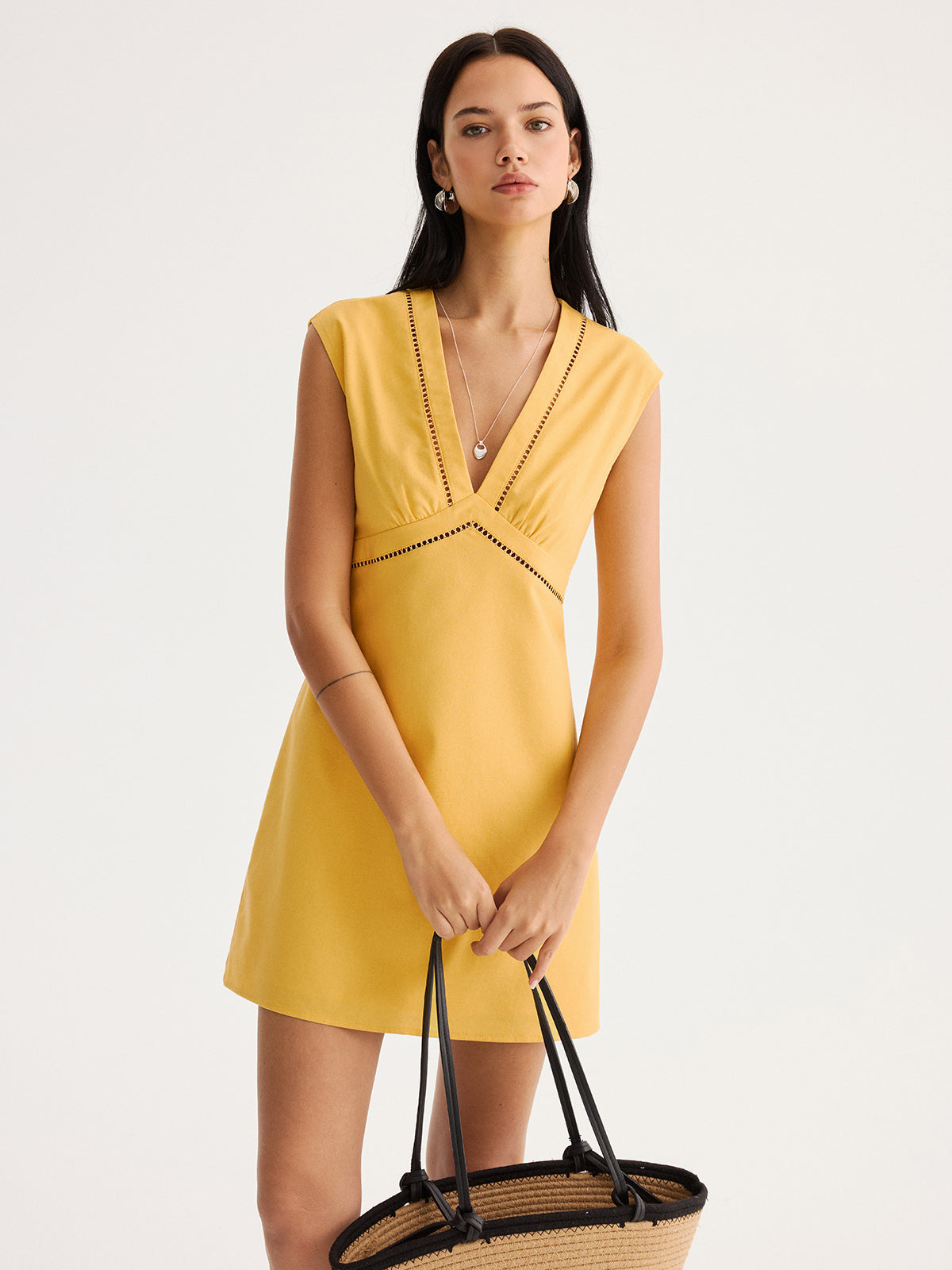 Linen Blend Eyelet Trim Sleeveless Mini Dress for Summer Casual Wear