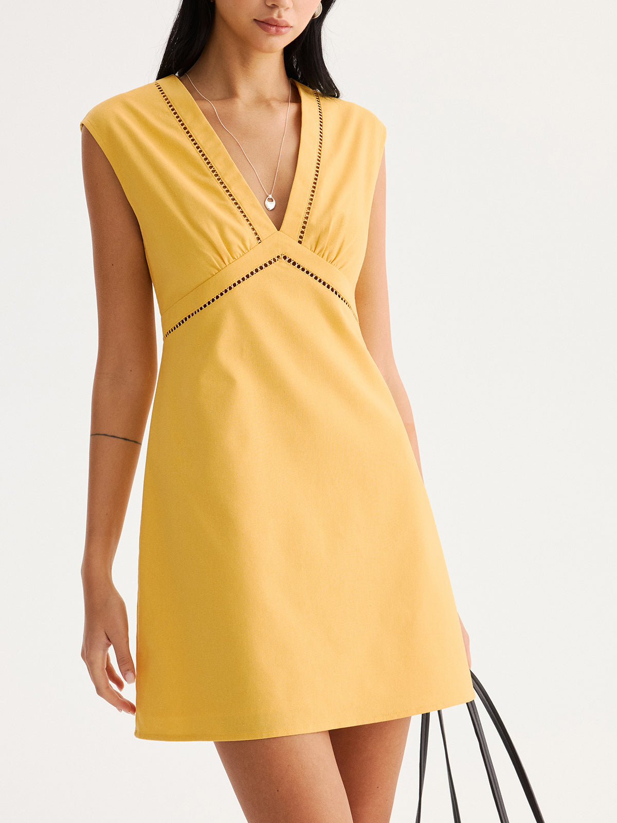 Linen Blend Eyelet Trim Sleeveless Mini Dress for Summer Casual Wear