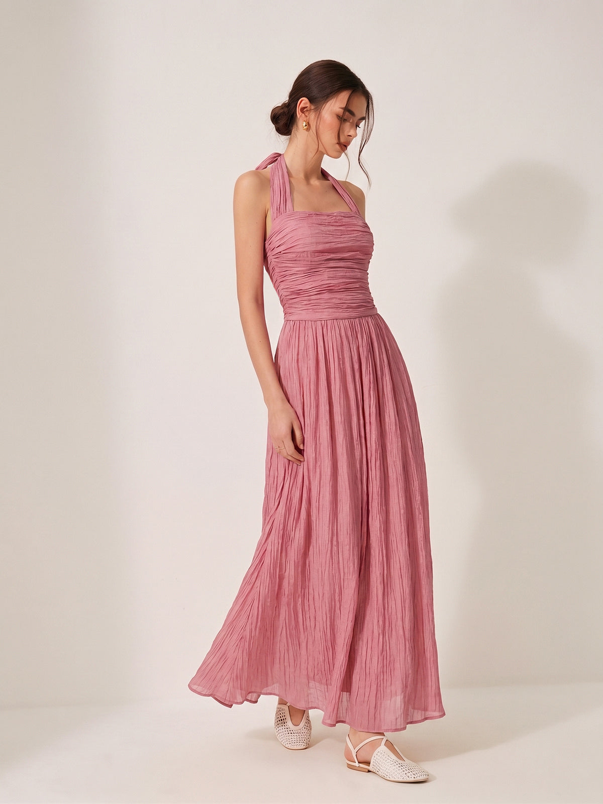 Crinkled Textured Halter Maxi Dress for Women Summer Casual Evening