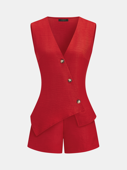 Asymmetrical Button Vest & Shorts Set with Belt Detail for Women