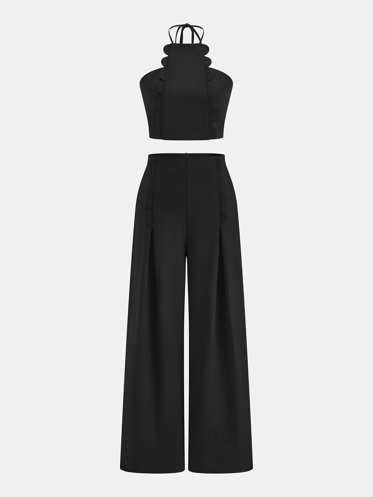 Scalloped Halter Crop Top & High-Waisted Pants Set for Women