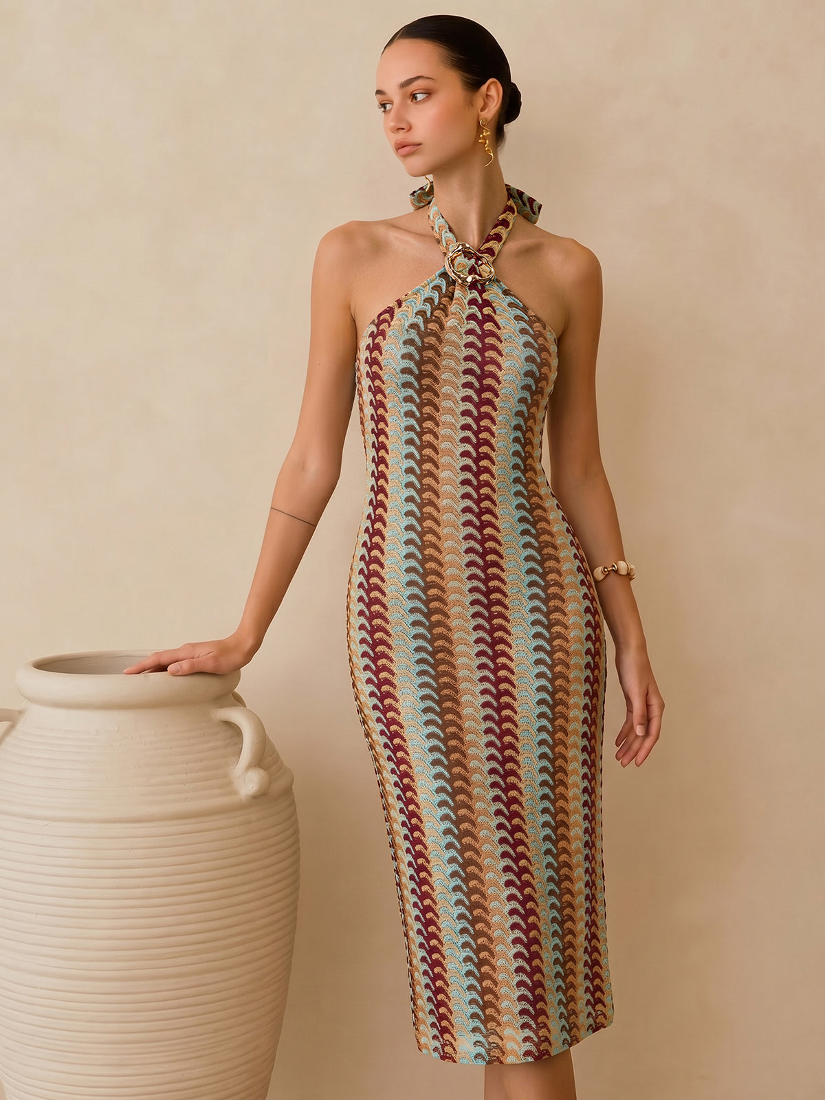 Multicolor Striped Knit Halter Midi Dress for Summer Festivities