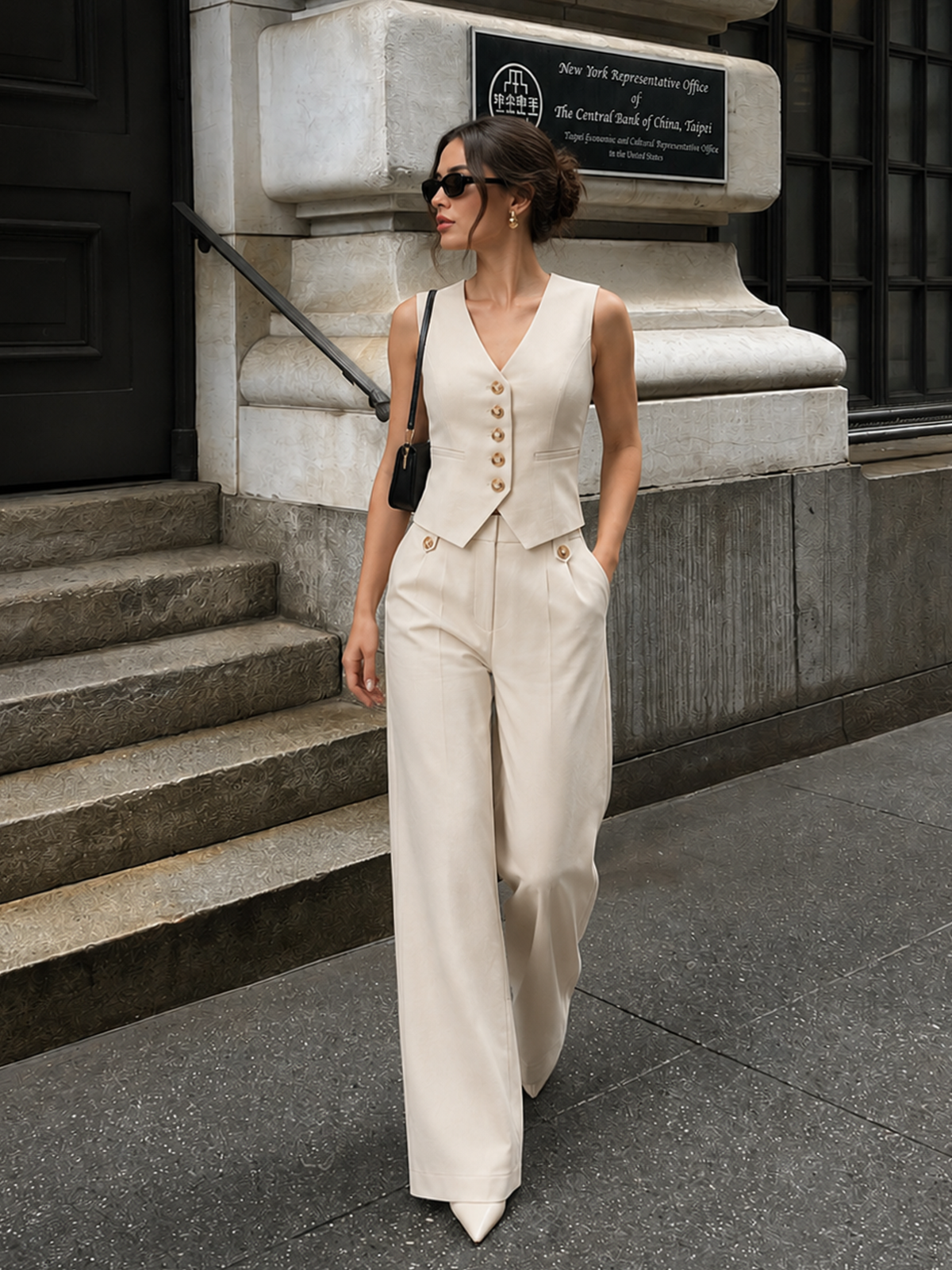 V-neck button-front cropped fitted vest and wide-leg trousers set, stylish women's business casual attire
