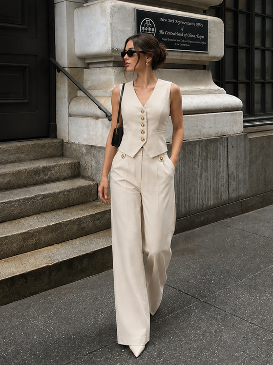 V-neck button-front cropped fitted vest and wide-leg trousers set, stylish women's business casual attire