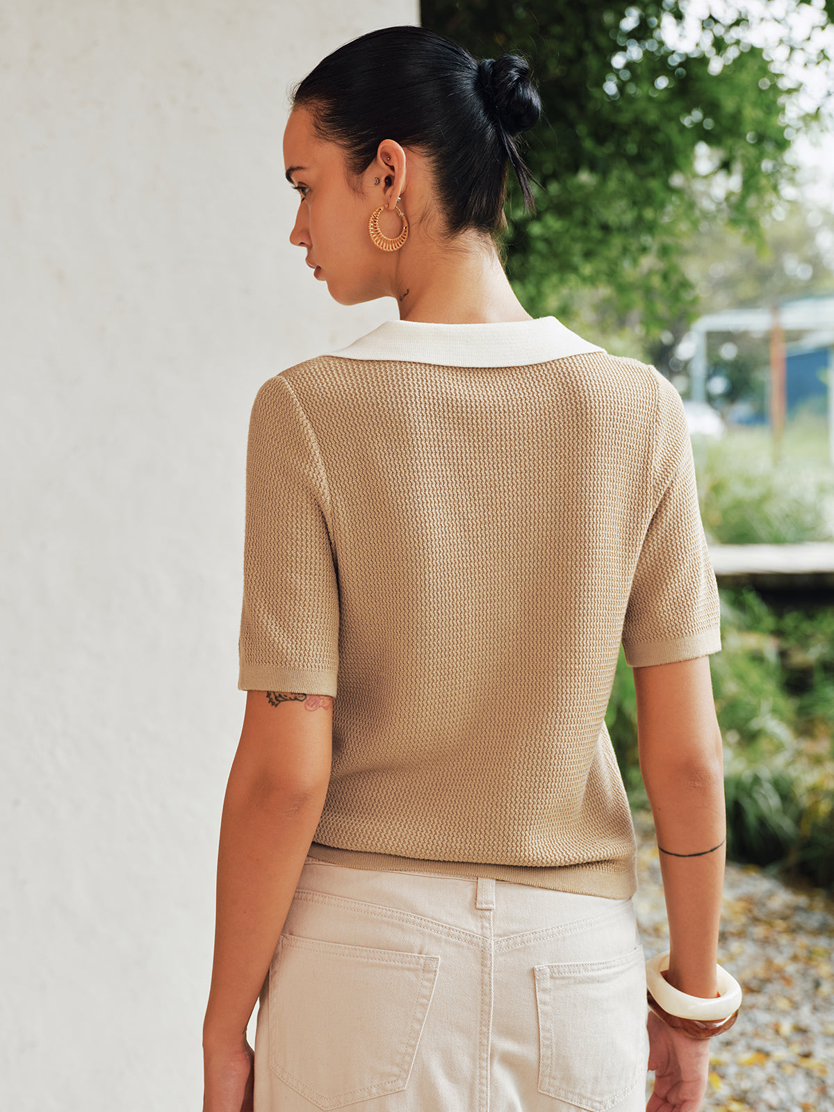 Contrast Collar Waffle Texture Polo Knit Top for Men Breathable Soft
