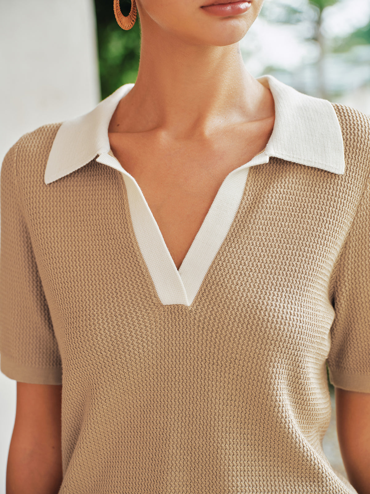 Contrast Collar Waffle Texture Polo Knit Top for Men Breathable Soft