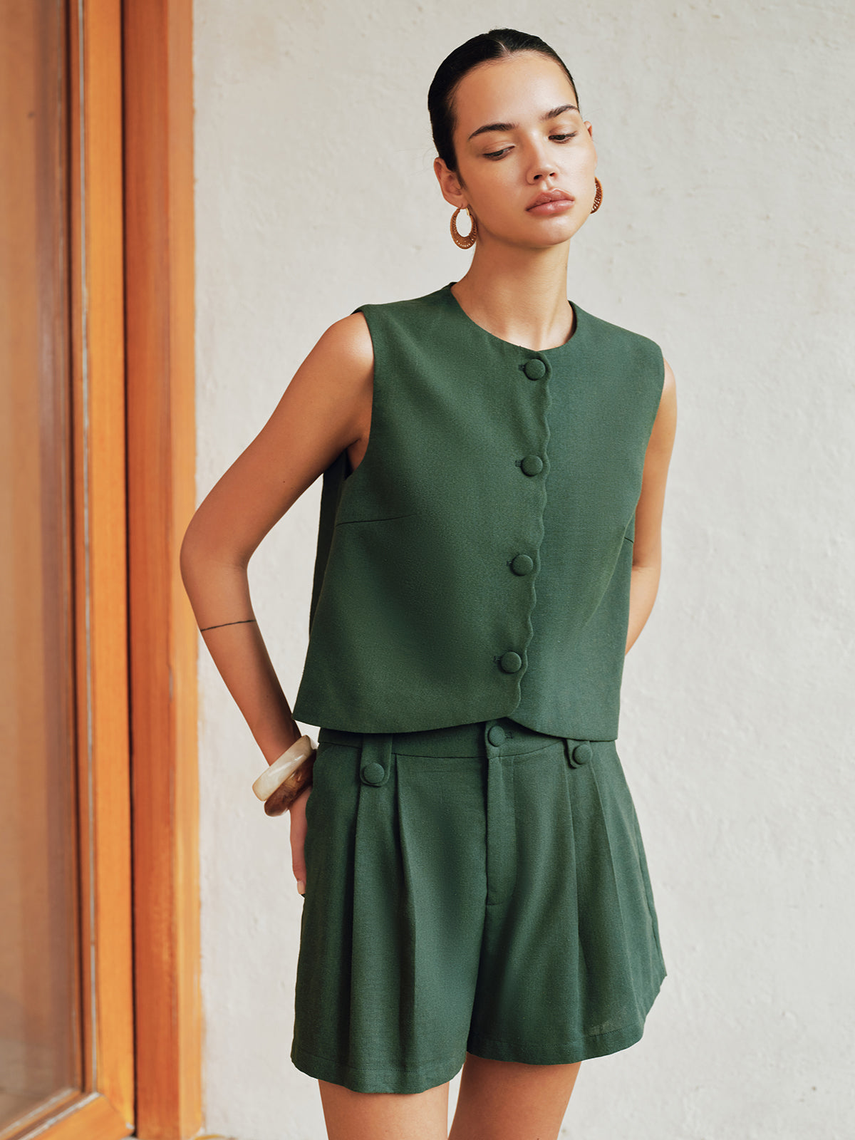 Cotton Linen Vest & Pleated Shorts Set for Summer Casual Wear
