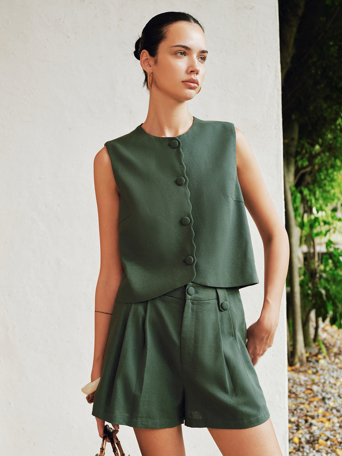 Cotton Linen Vest & Pleated Shorts Set for Summer Casual Wear