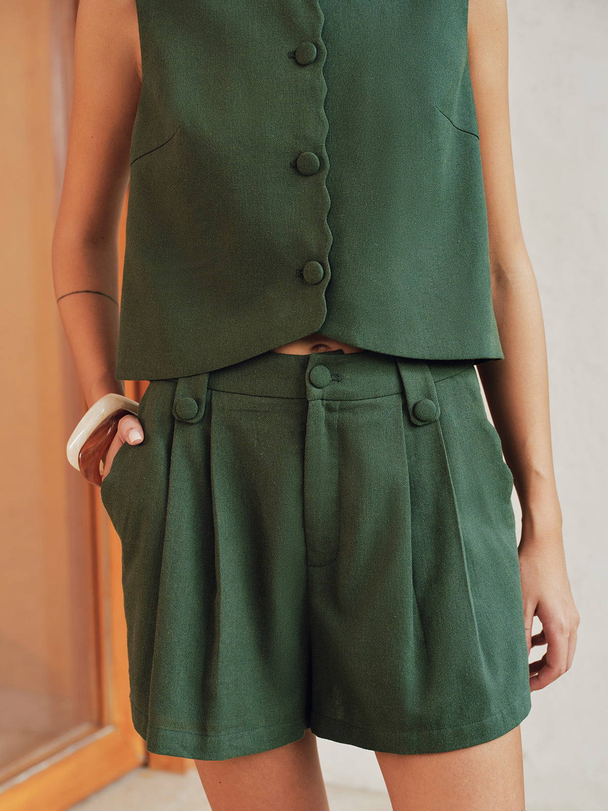 Cotton Linen Vest & Pleated Shorts Set for Summer Casual Wear