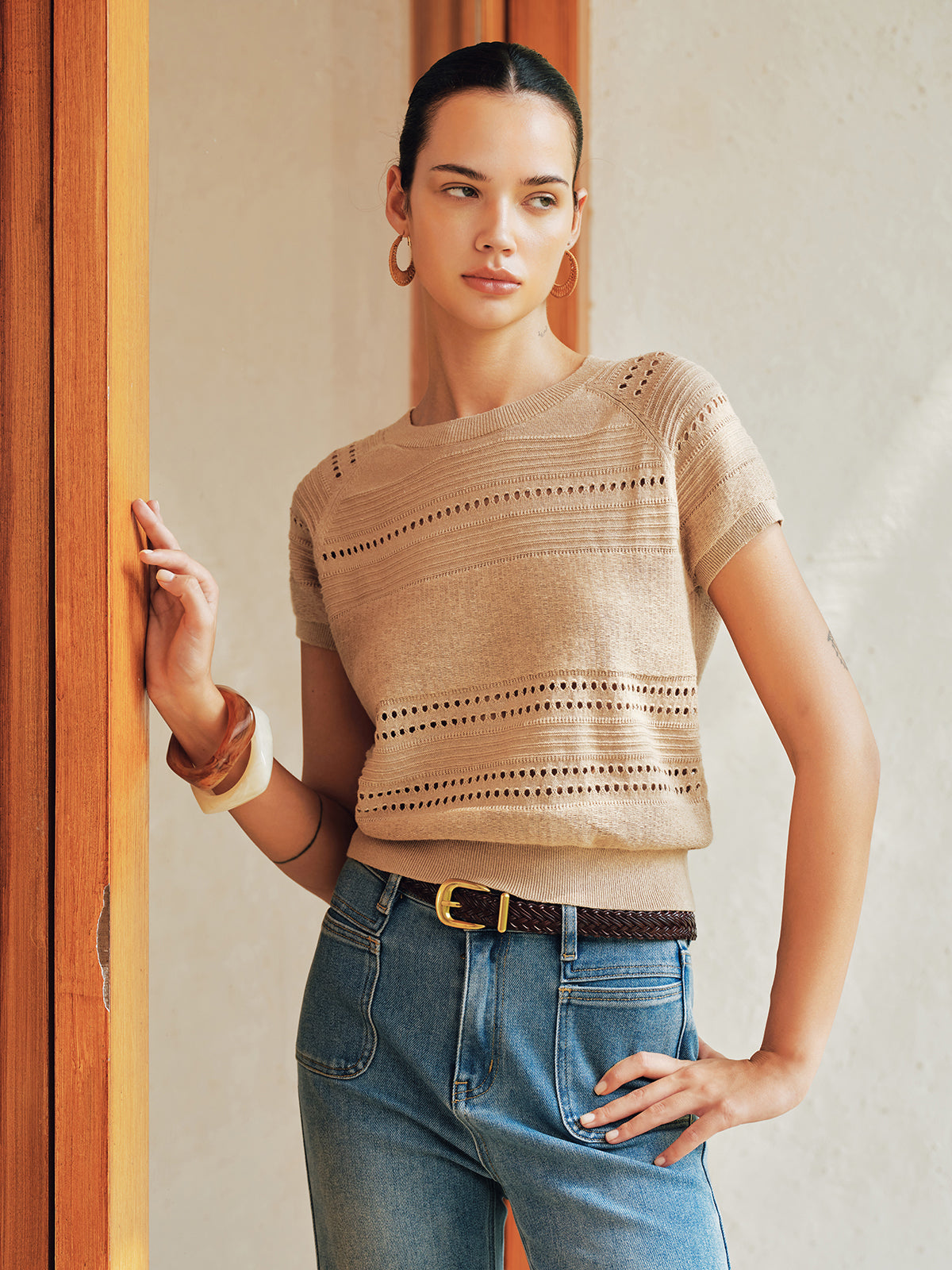 Eyelet Short Sleeve Crew Neck Knit Top Women's Casual Summerwear