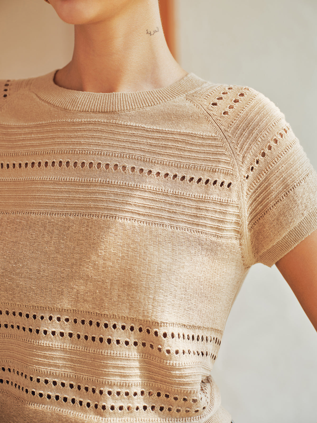 Eyelet Short Sleeve Crew Neck Knit Top Women's Casual Summerwear