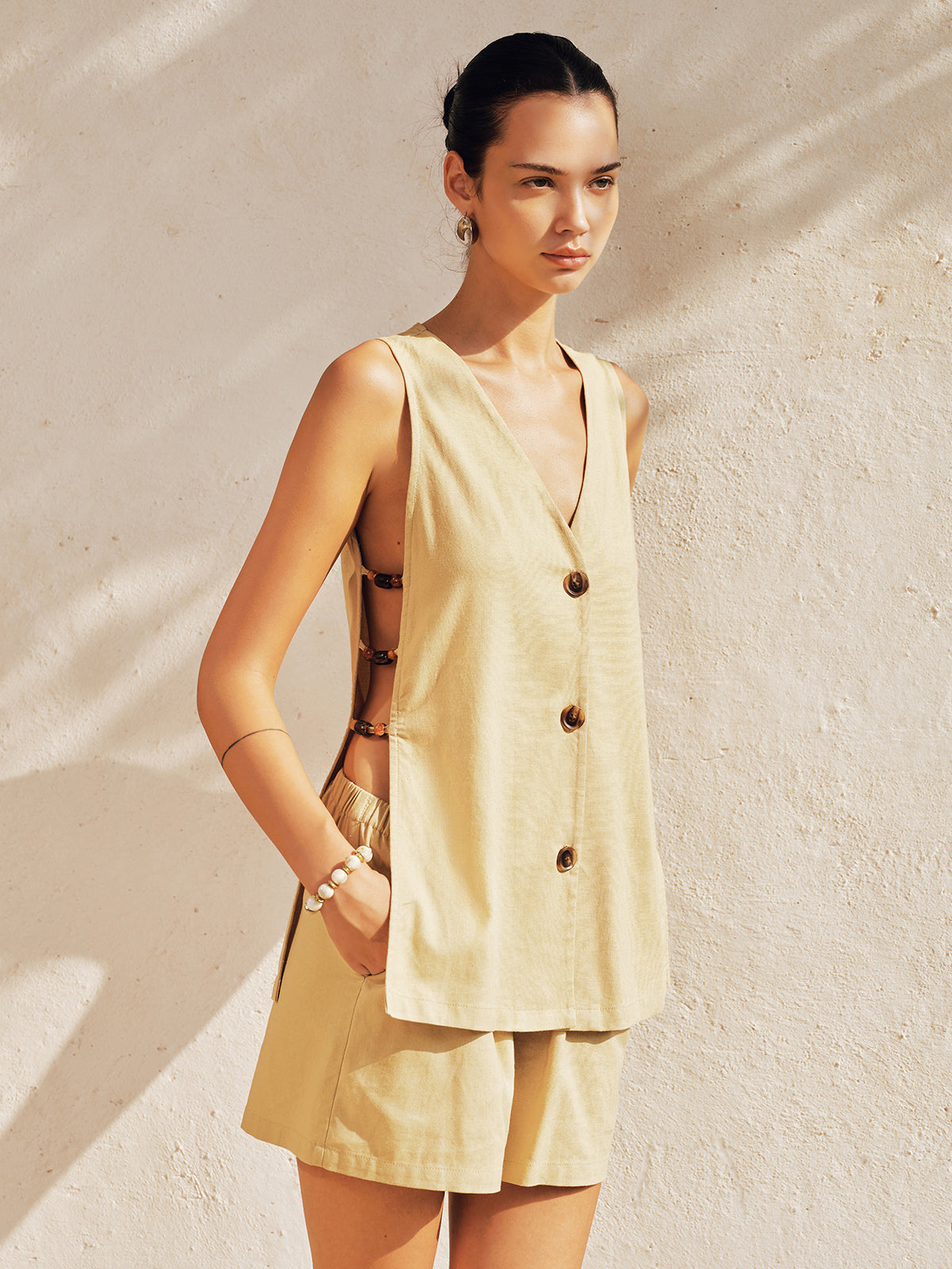 Side Bead Cutout Linen Blend Vest & Shorts Set for Summer Casual Wear