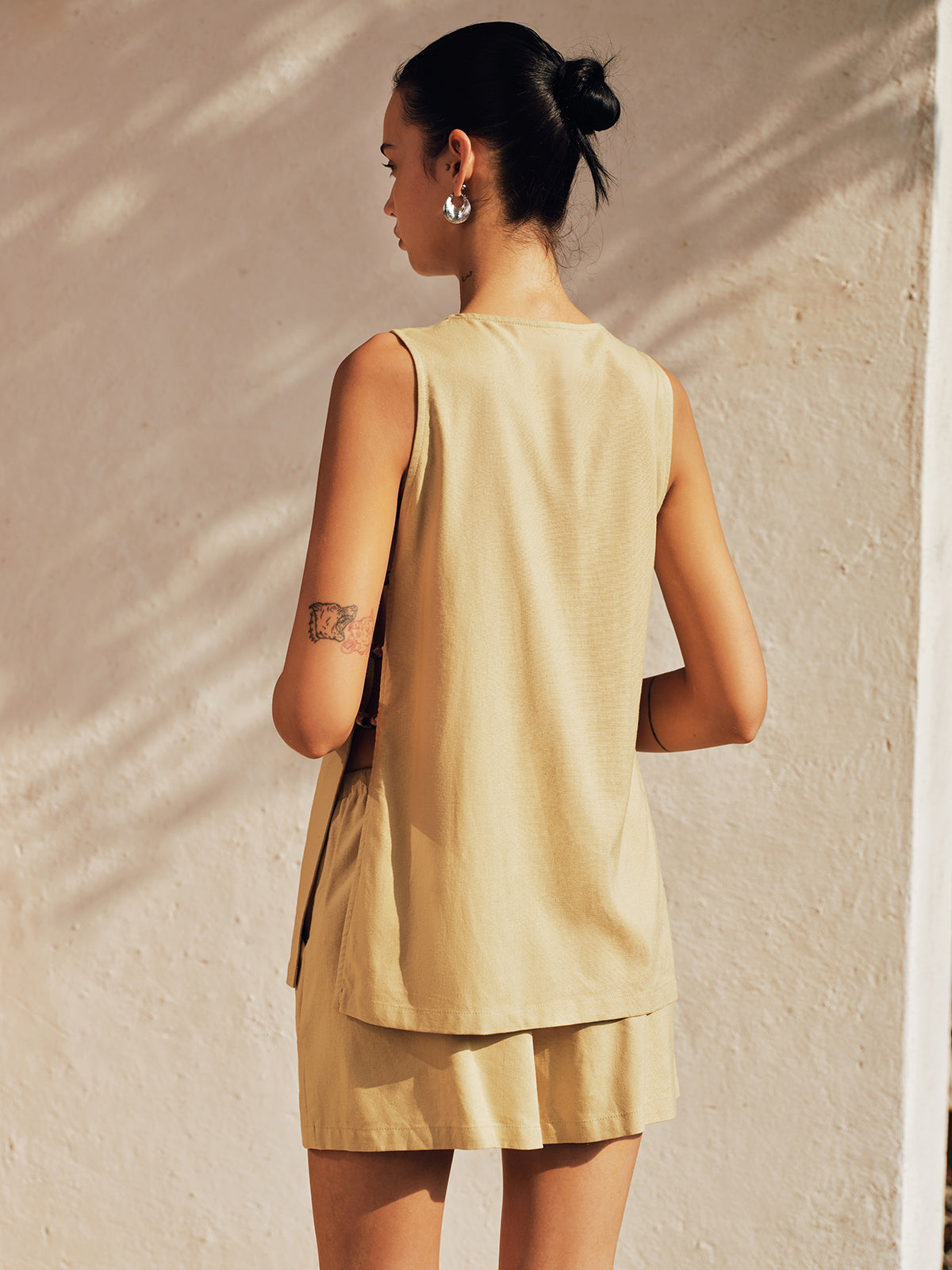 Side Bead Cutout Linen Blend Vest & Shorts Set for Summer Casual Wear