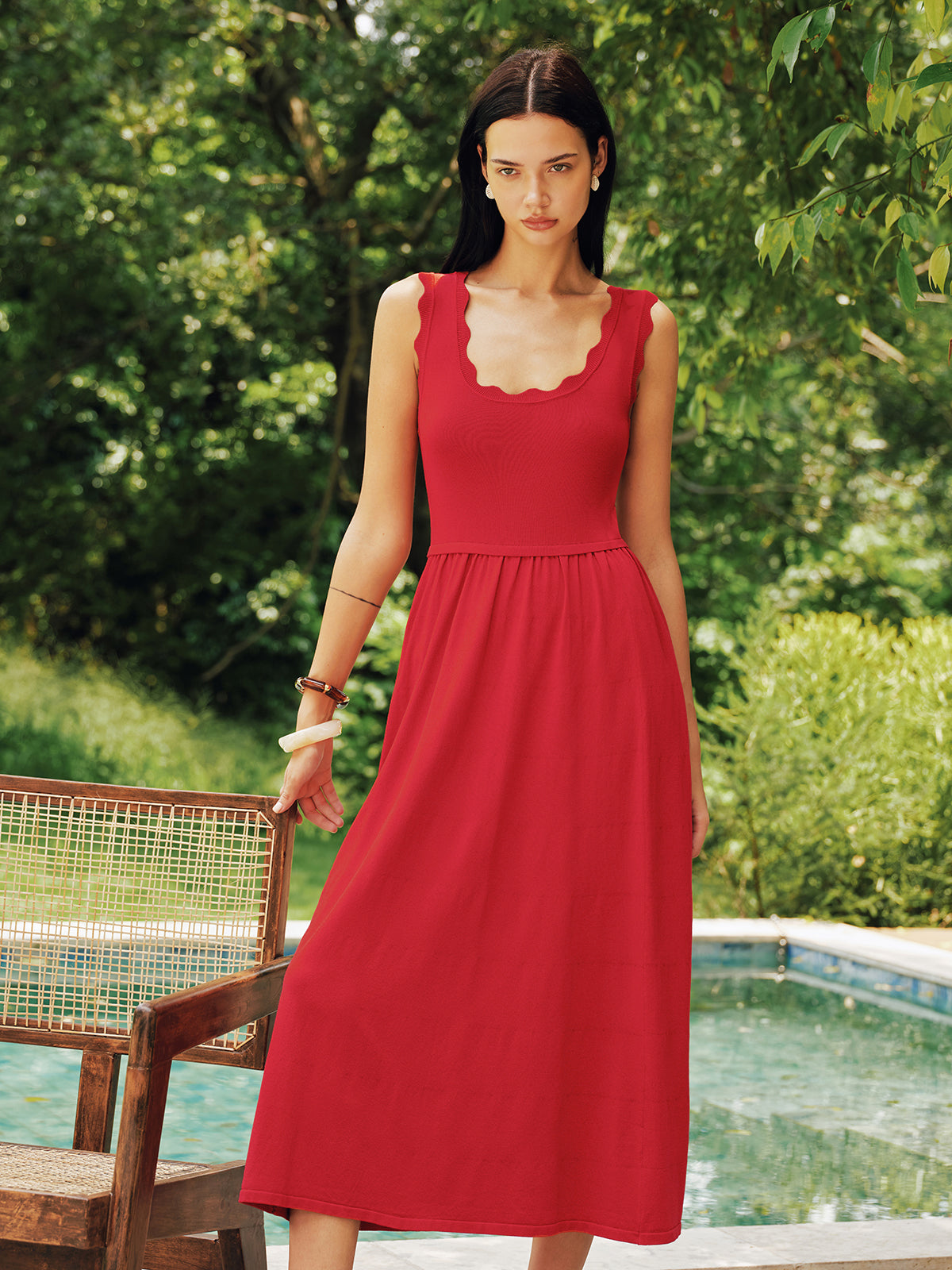 Scallop Trim Sleeveless Knit Flowy Midi Dress for Women Casual Summer Style