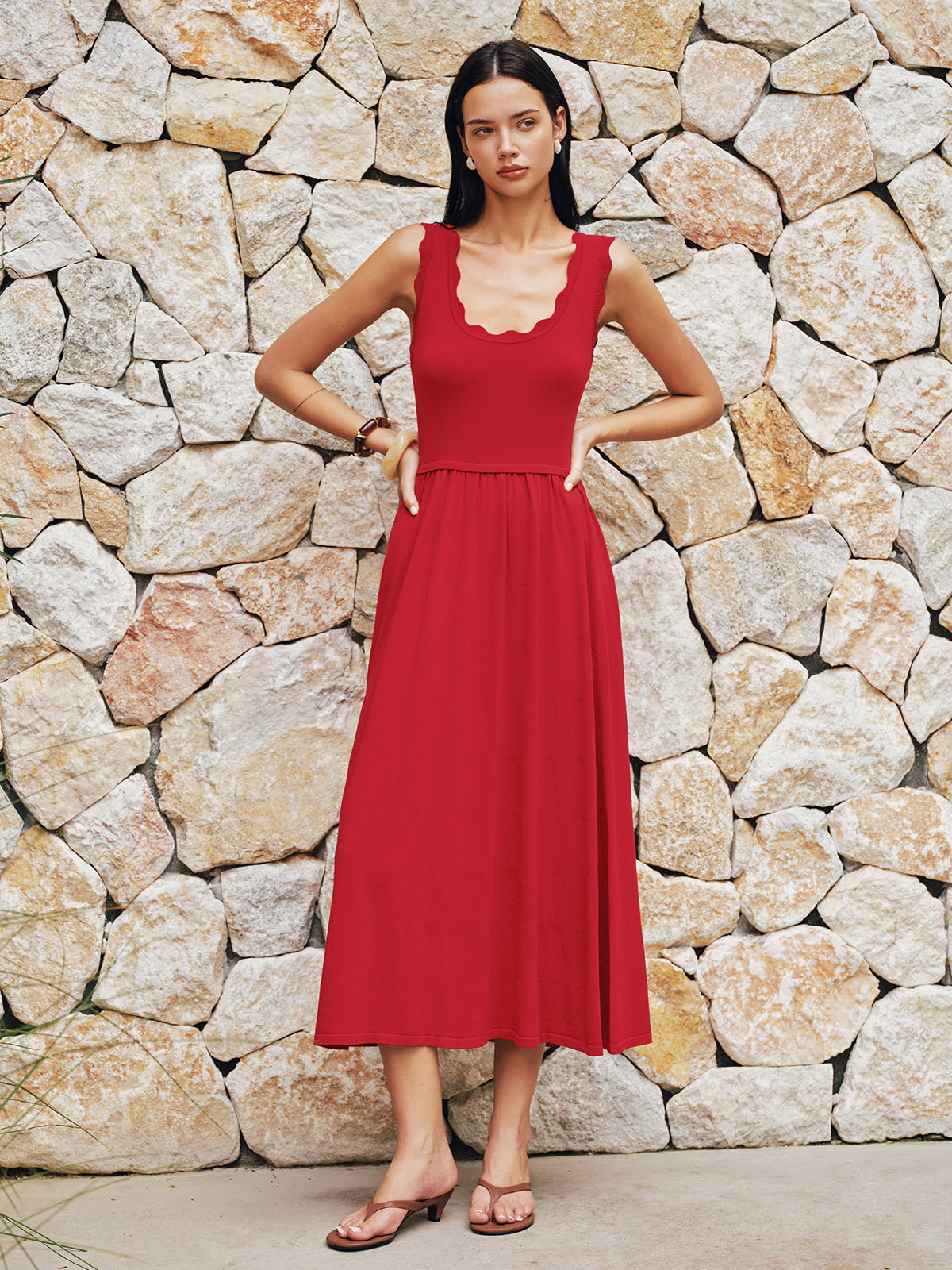 Scallop Trim Sleeveless Knit Flowy Midi Dress for Women Casual Summer Style