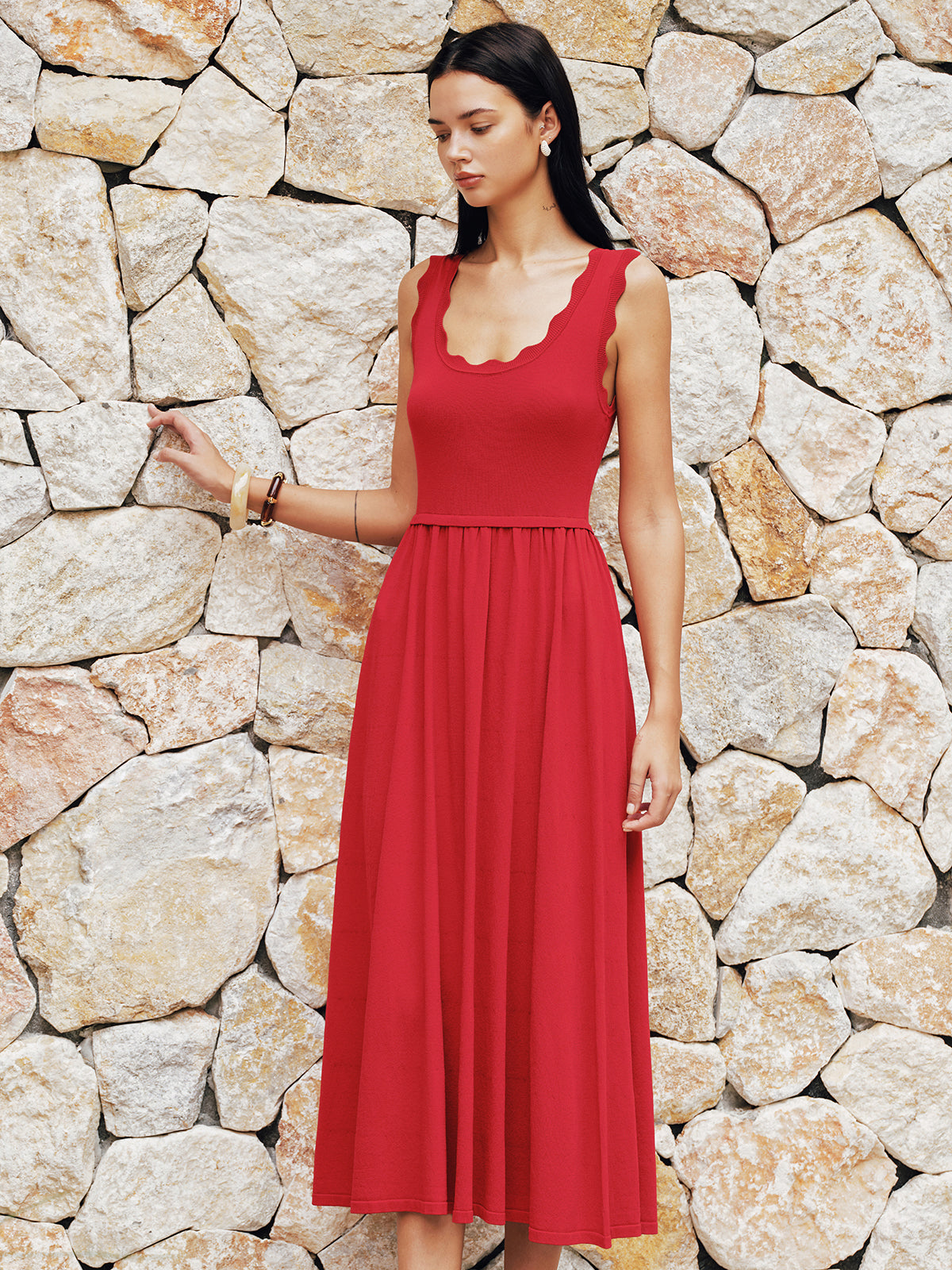 Scallop Trim Sleeveless Knit Flowy Midi Dress for Women Casual Summer Style