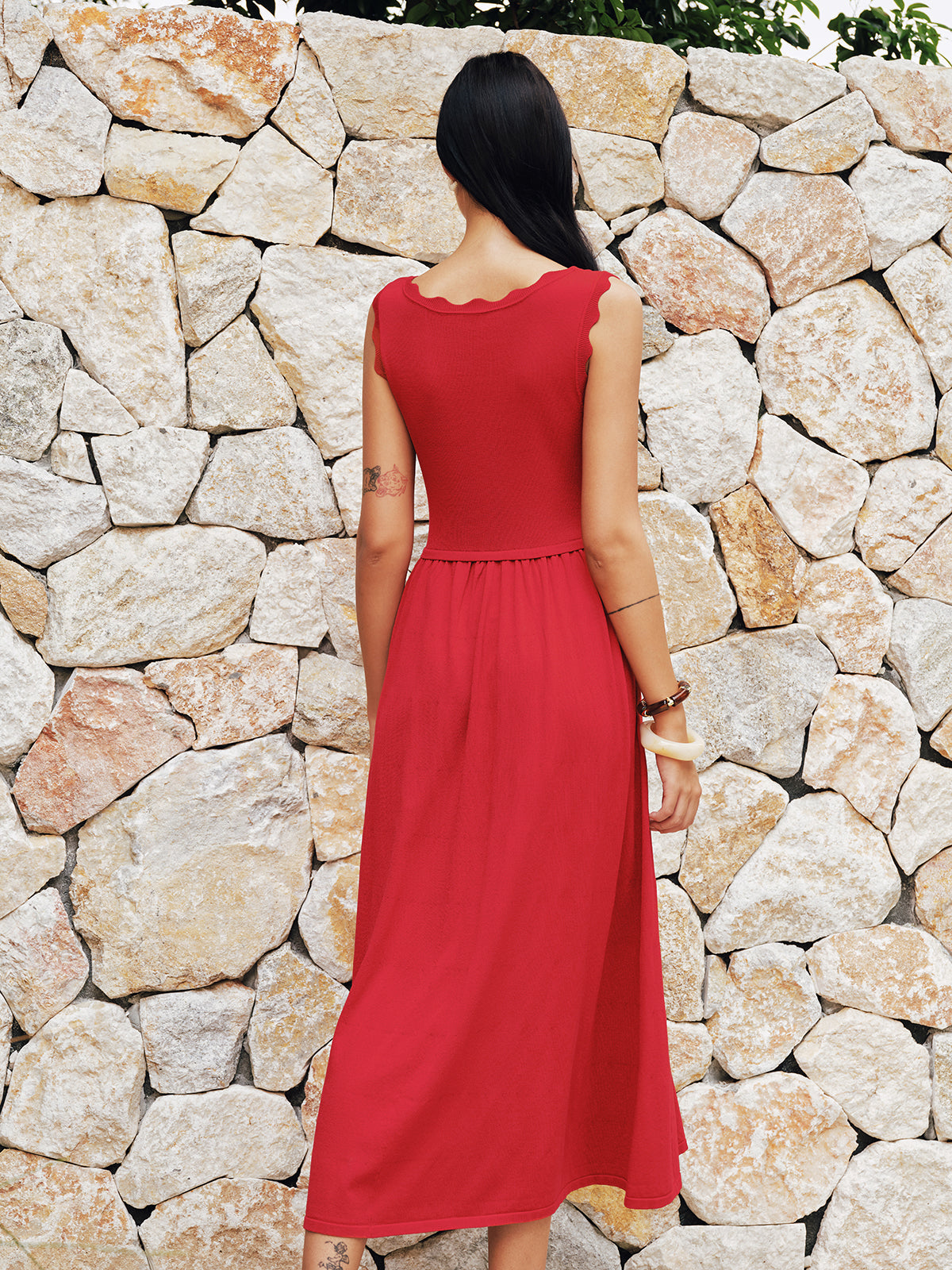 Scallop Trim Sleeveless Knit Flowy Midi Dress for Women Casual Summer Style