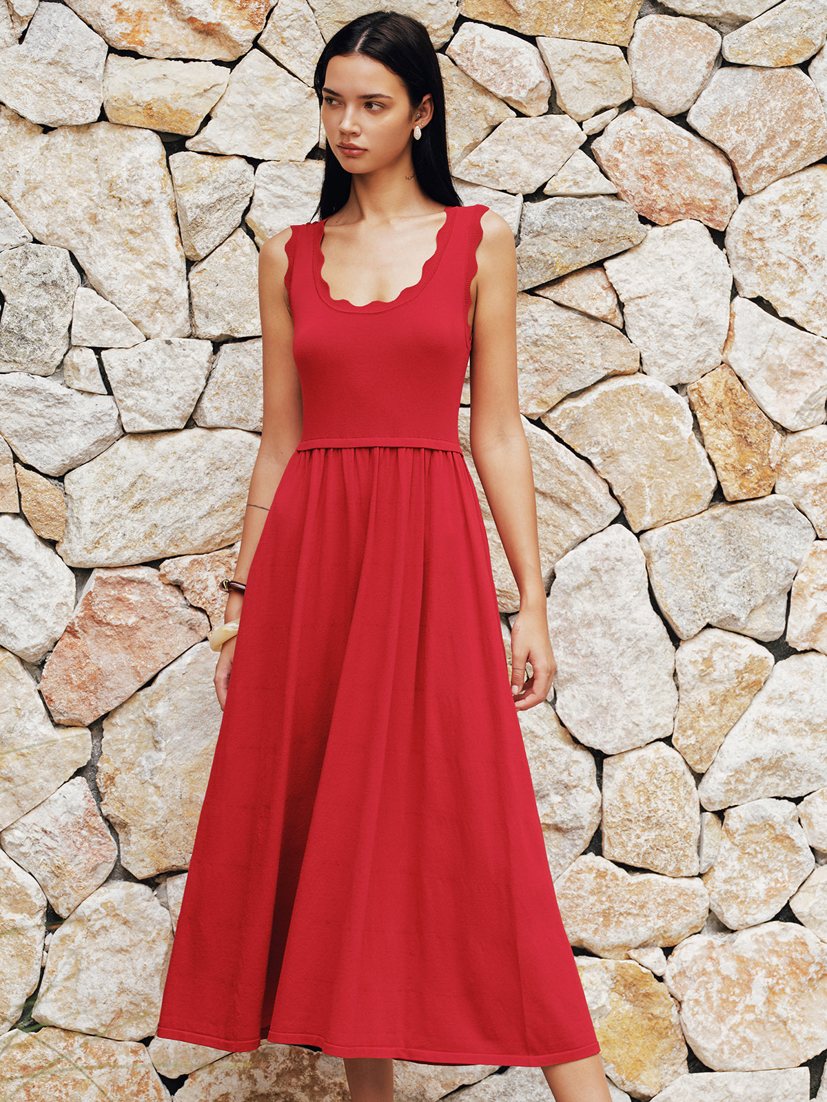 Scallop Trim Sleeveless Knit Flowy Midi Dress for Women Casual Summer Style