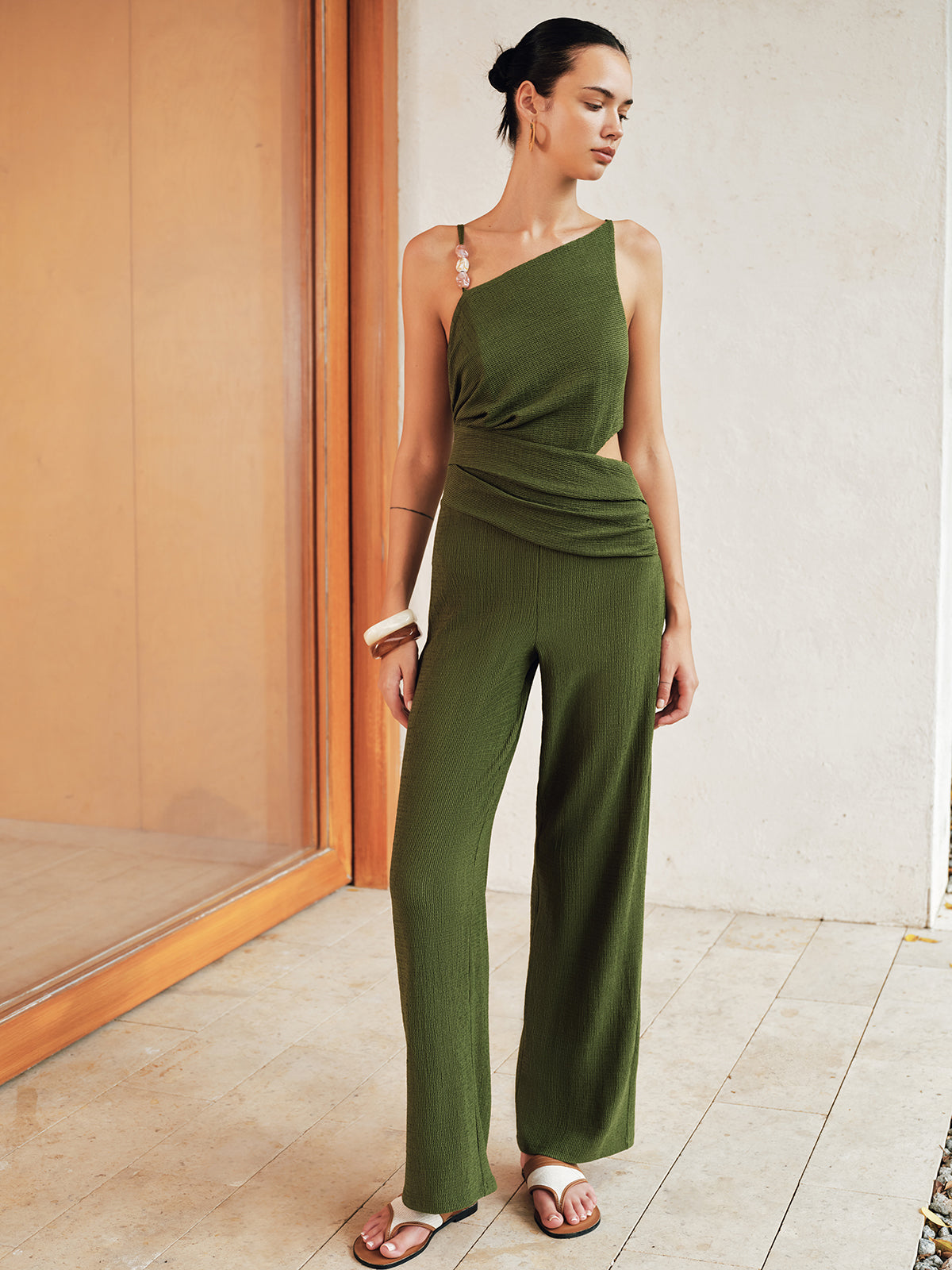 Asymmetrical Bead Cutout Wide Leg Jumpsuit for Evening Events