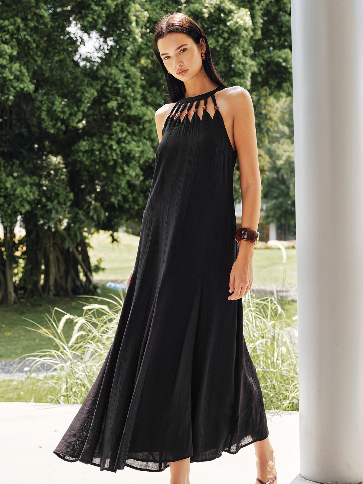 Bead Cutout Neck Crinkle Maxi Dress - Elegant Flowy Evening Wear