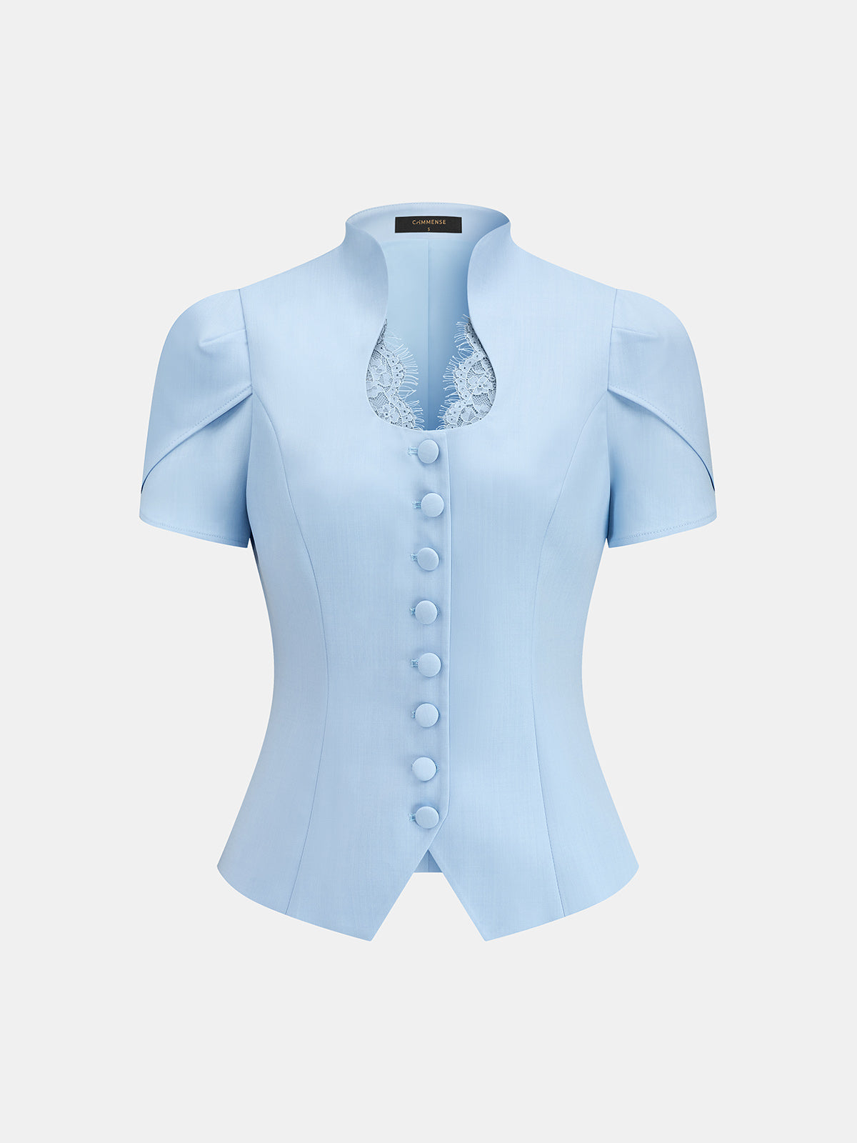 Stand Collar Lace Trim Blouse with Long Sleeves and Button Detail