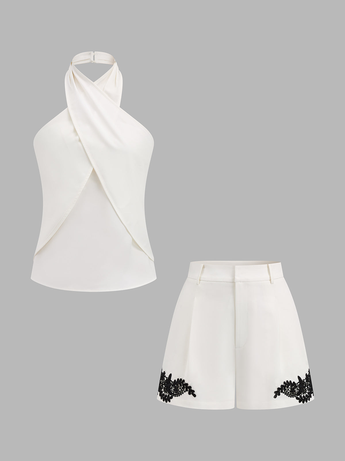 Cross Halter Top & Lace Applique Shorts Set for Summer Casual Wear