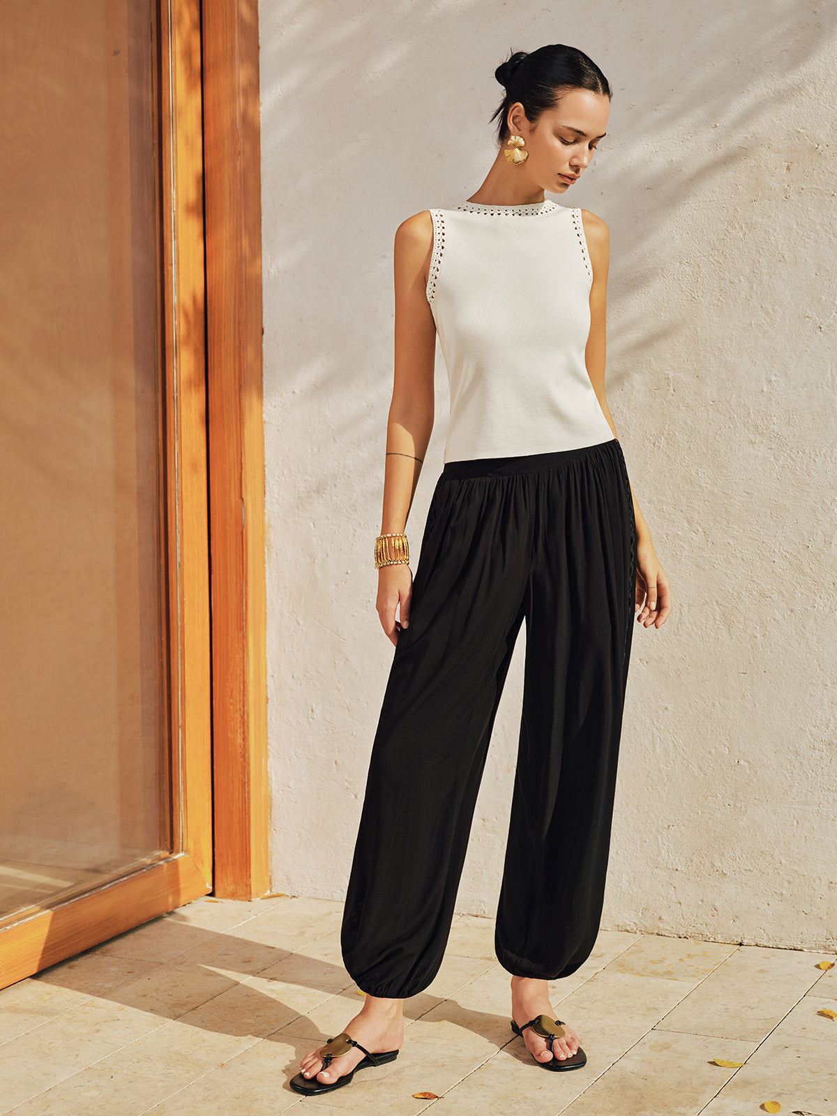 "Wavy Lace Side Cutout Jogger Pants Comfortable High Waist Fit"