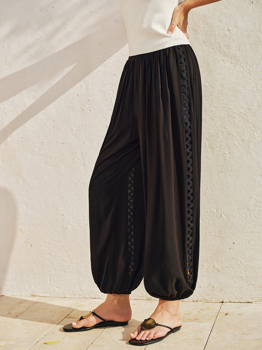 "Wavy Lace Side Cutout Jogger Pants Comfortable High Waist Fit"