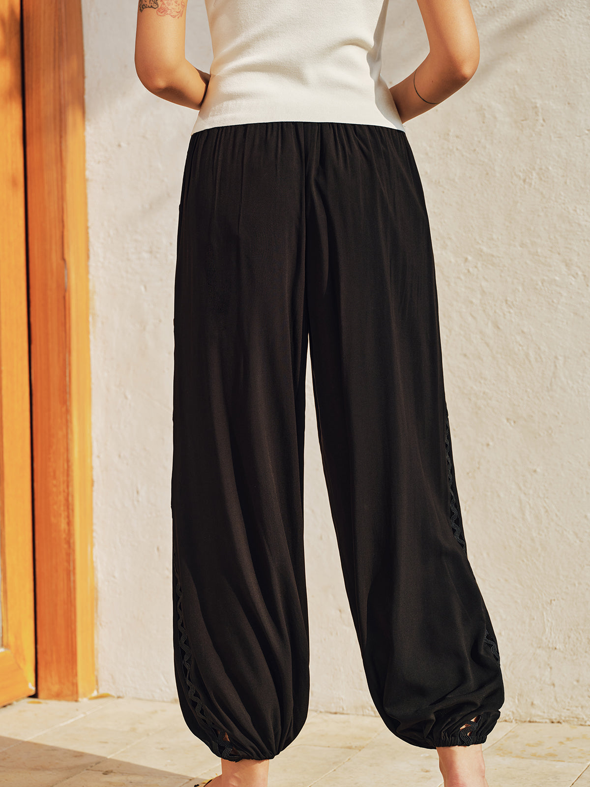 "Wavy Lace Side Cutout Jogger Pants Comfortable High Waist Fit"