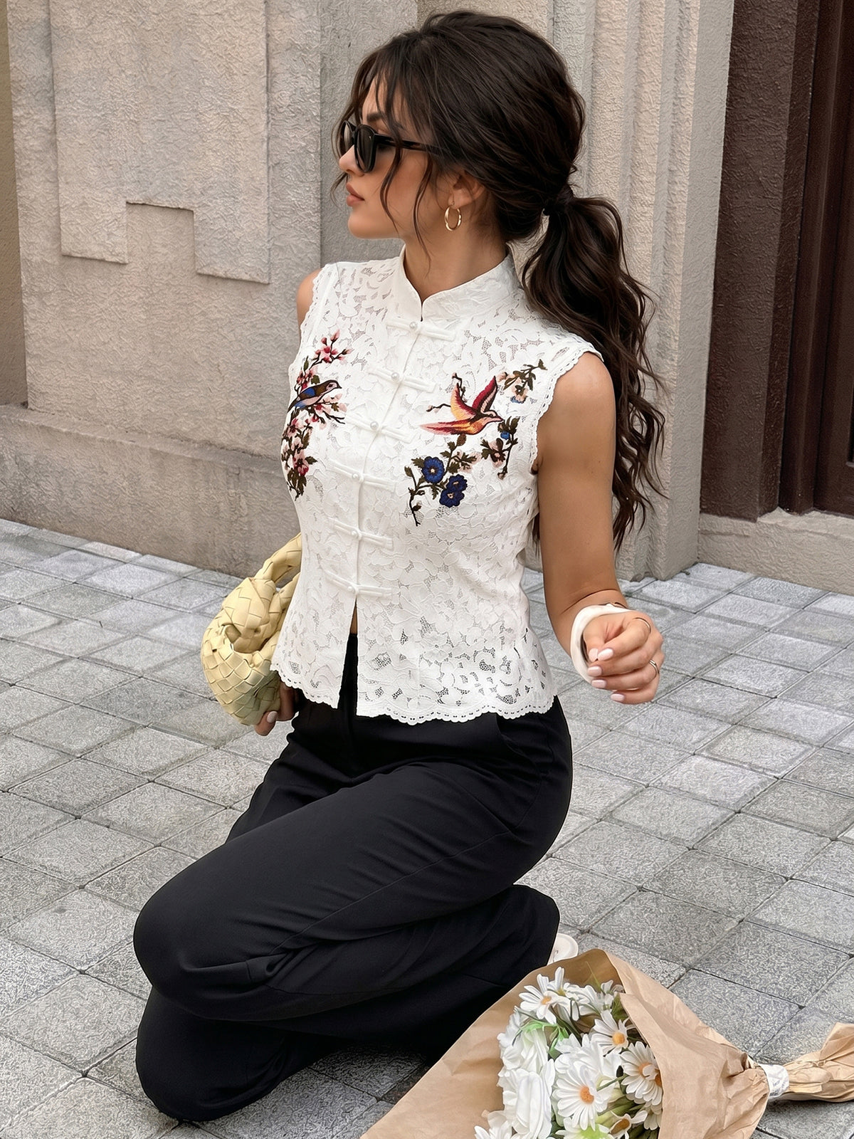 Embroidered Birdsong Lace Top Elegant Floral Design Detail