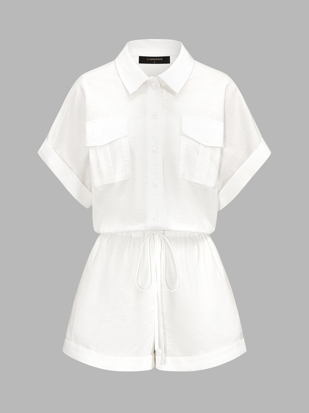 Cotton Linen Pocket Drawstring Shirt Romper Casual Summer Outfit
