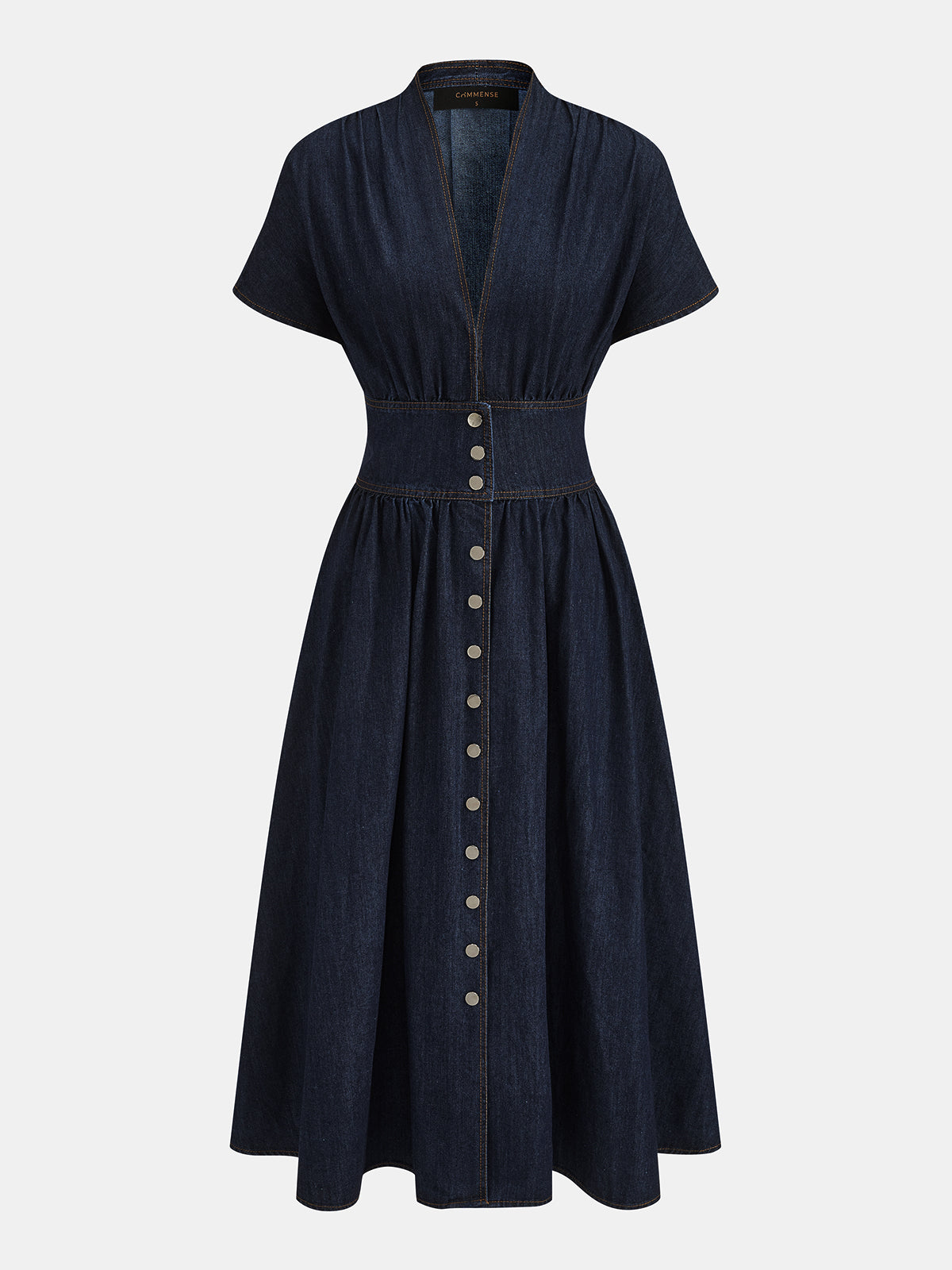 V-Neck Button Down Maxi Denim Dress with Belted Waist