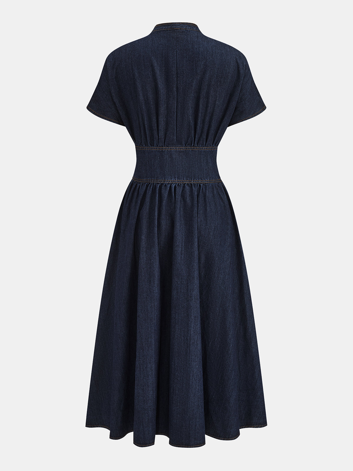 V-Neck Button Down Maxi Denim Dress with Belted Waist