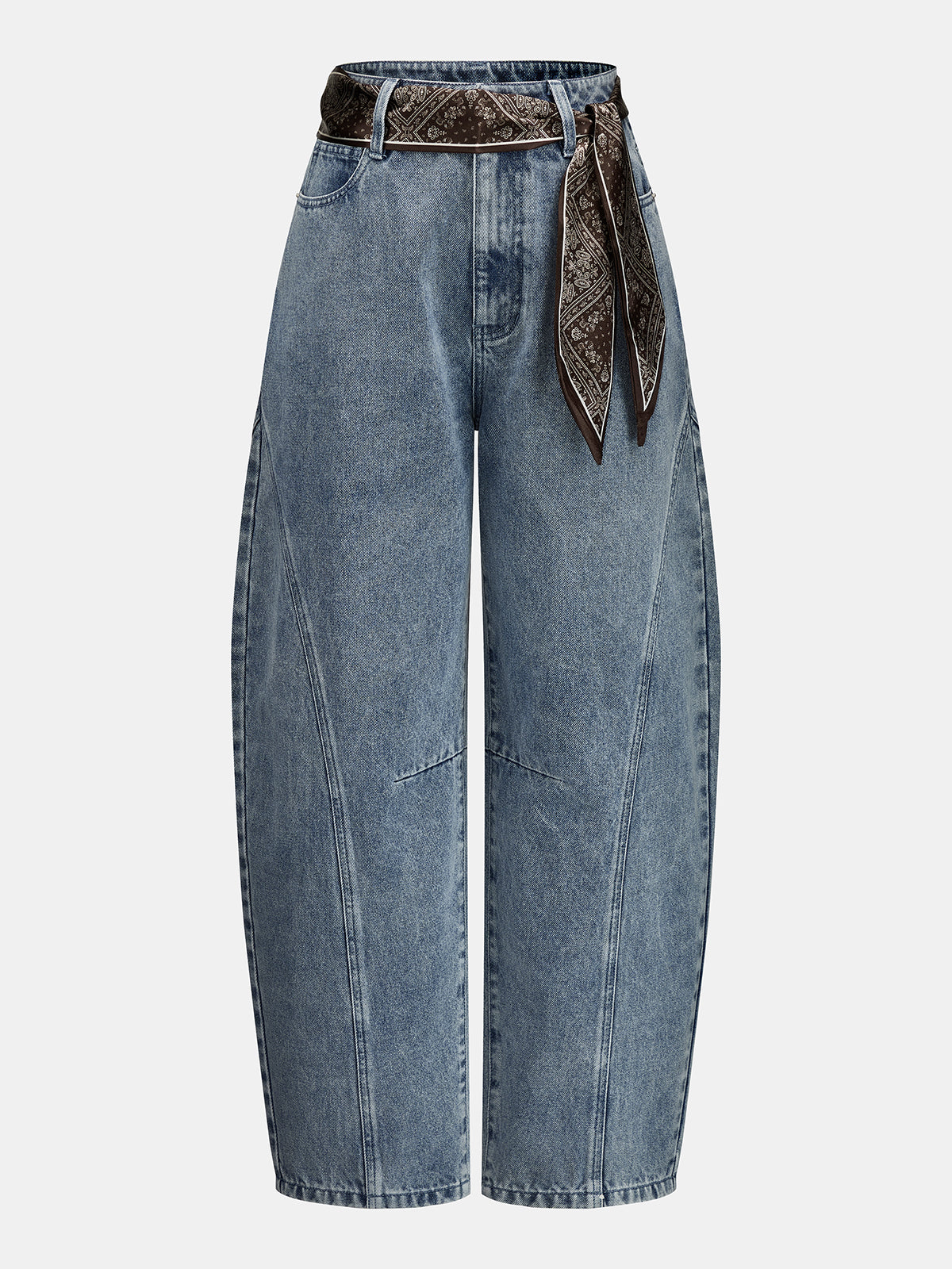 Bandana Belted Seam Detail Barrel Jeans Classic High Waist Style