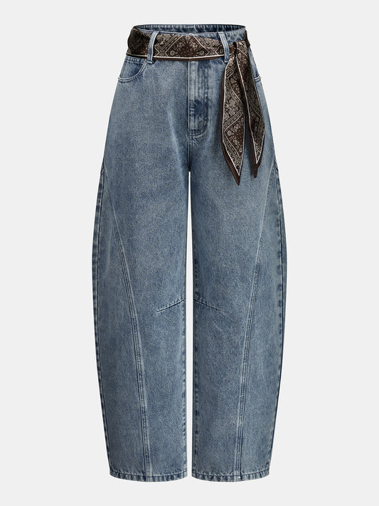Bandana Belted Seam Detail Barrel Jeans Classic High Waist Style