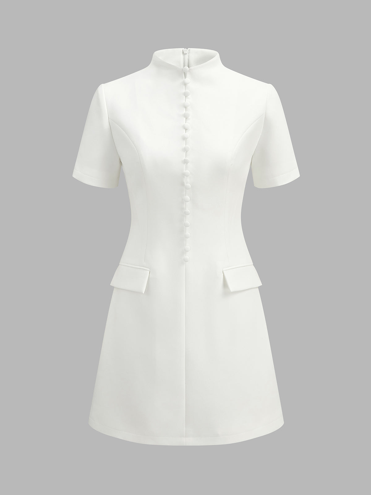Stand Collar Button Slim Mini Dress with Long Sleeves and Pockets