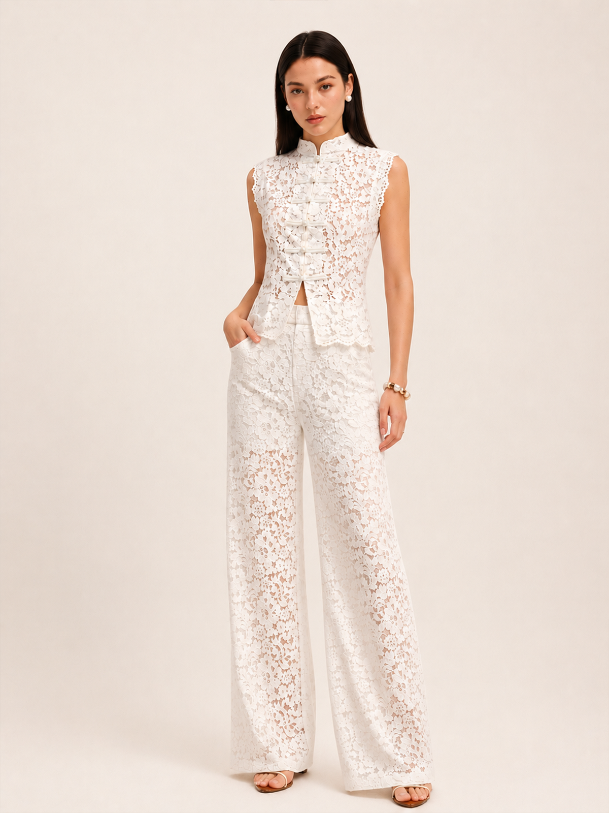 Frog Button Mandarin Collar Lace Vest & Pants Set Traditional Chinese Attire for Women
