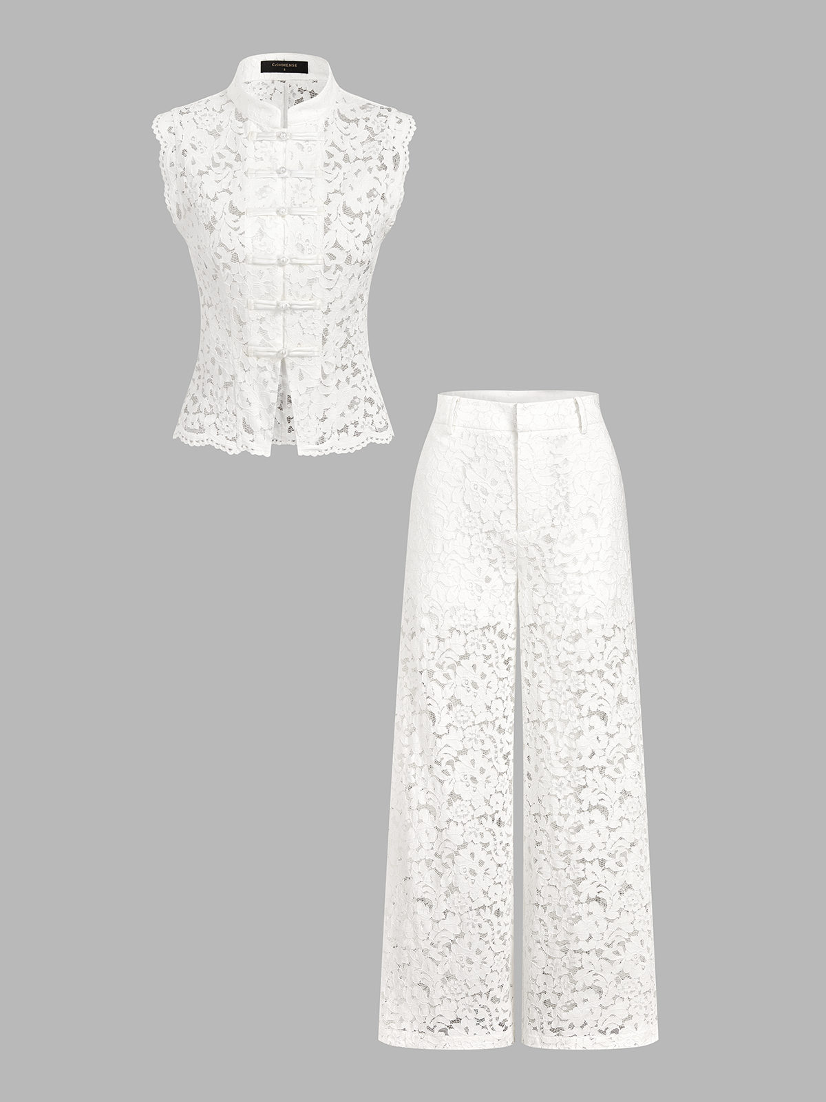 Frog Button Mandarin Collar Lace Vest & Pants Set Traditional Chinese Attire for Women