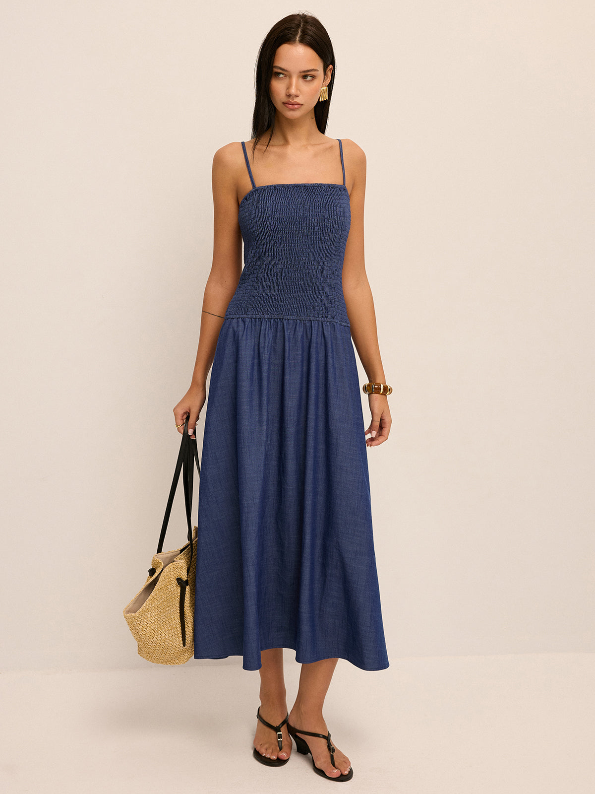 Smocked Bodice Cami Midi Dress for Summer Casual Style