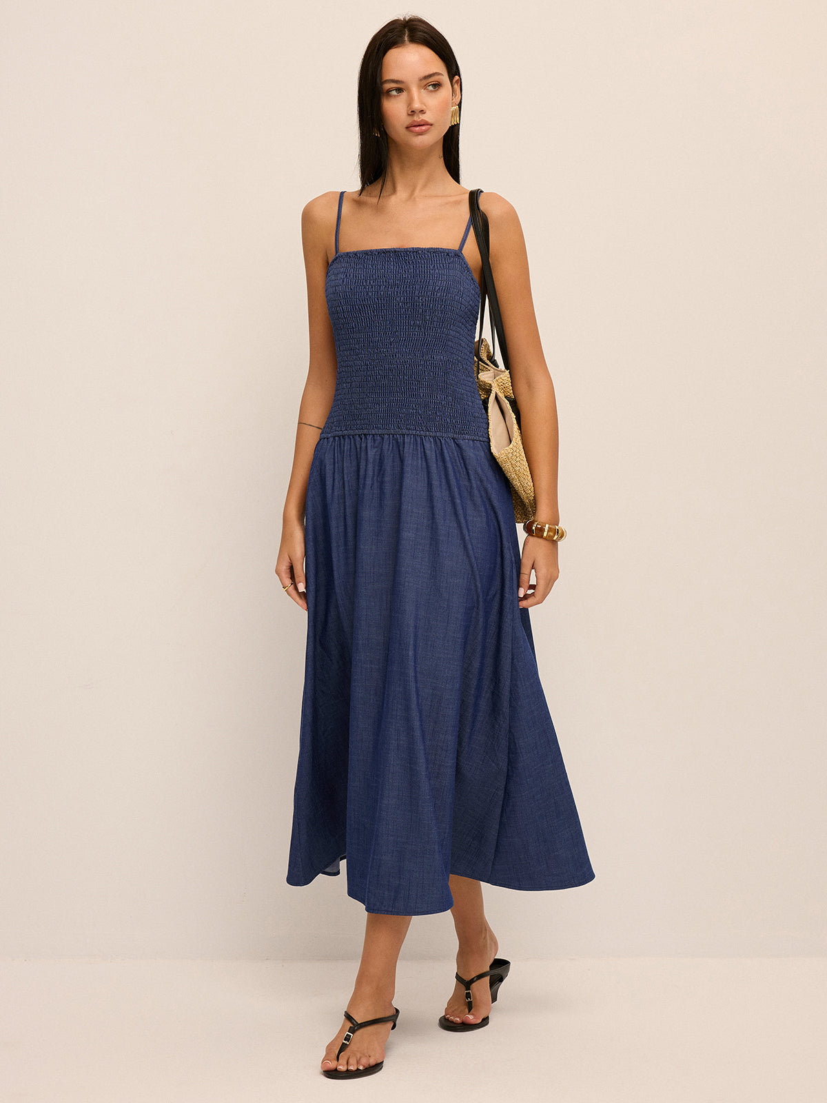 Smocked Bodice Cami Midi Dress for Summer Casual Style