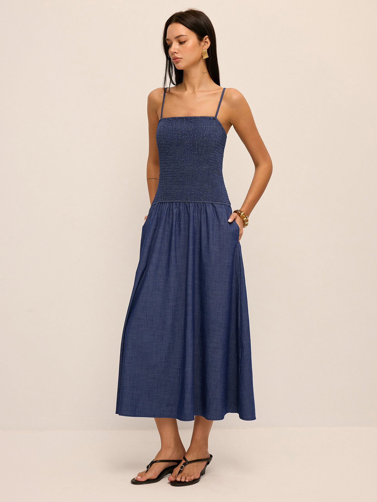 Smocked Bodice Cami Midi Dress for Summer Casual Style