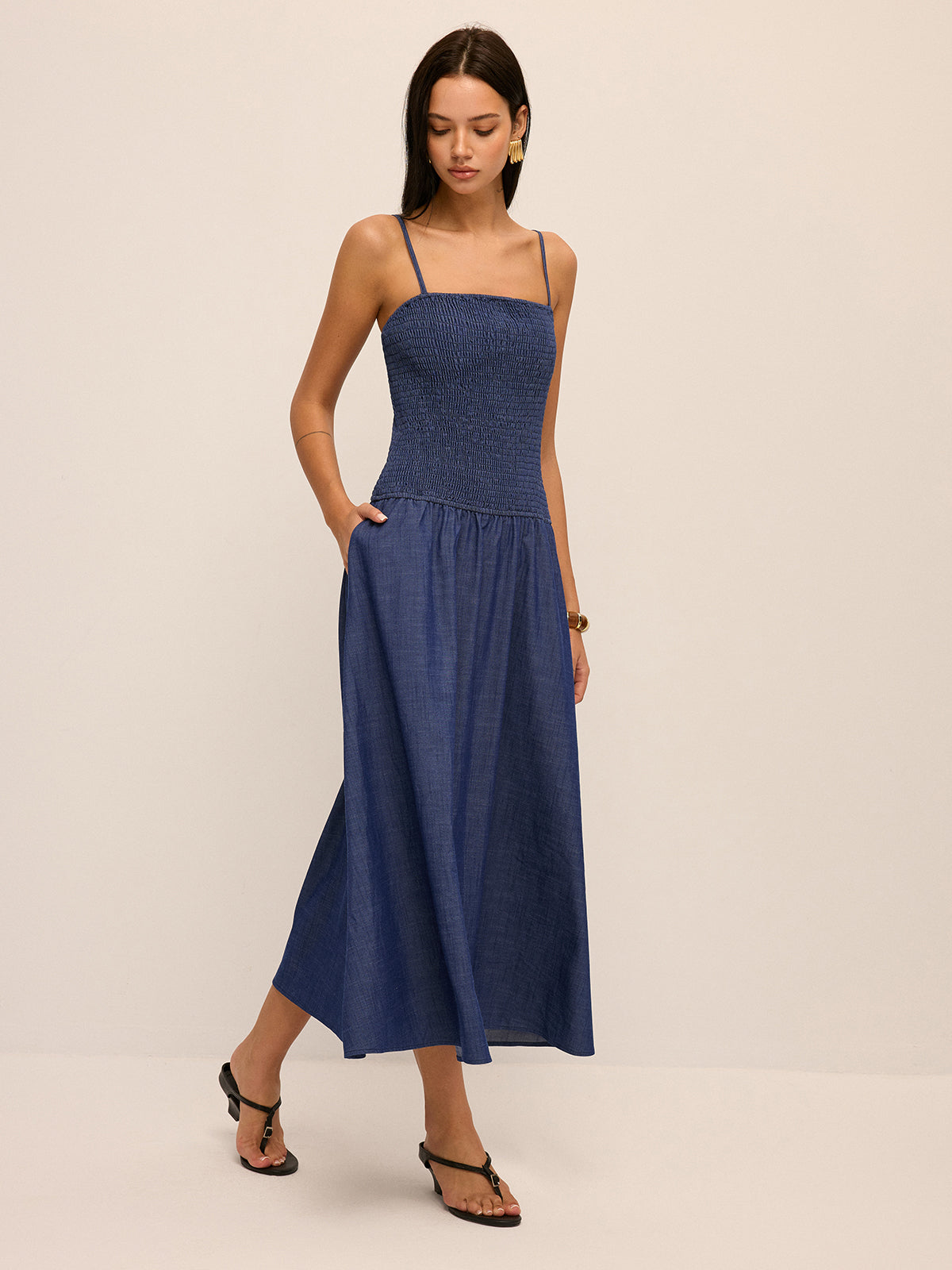 Smocked Bodice Cami Midi Dress for Summer Casual Style