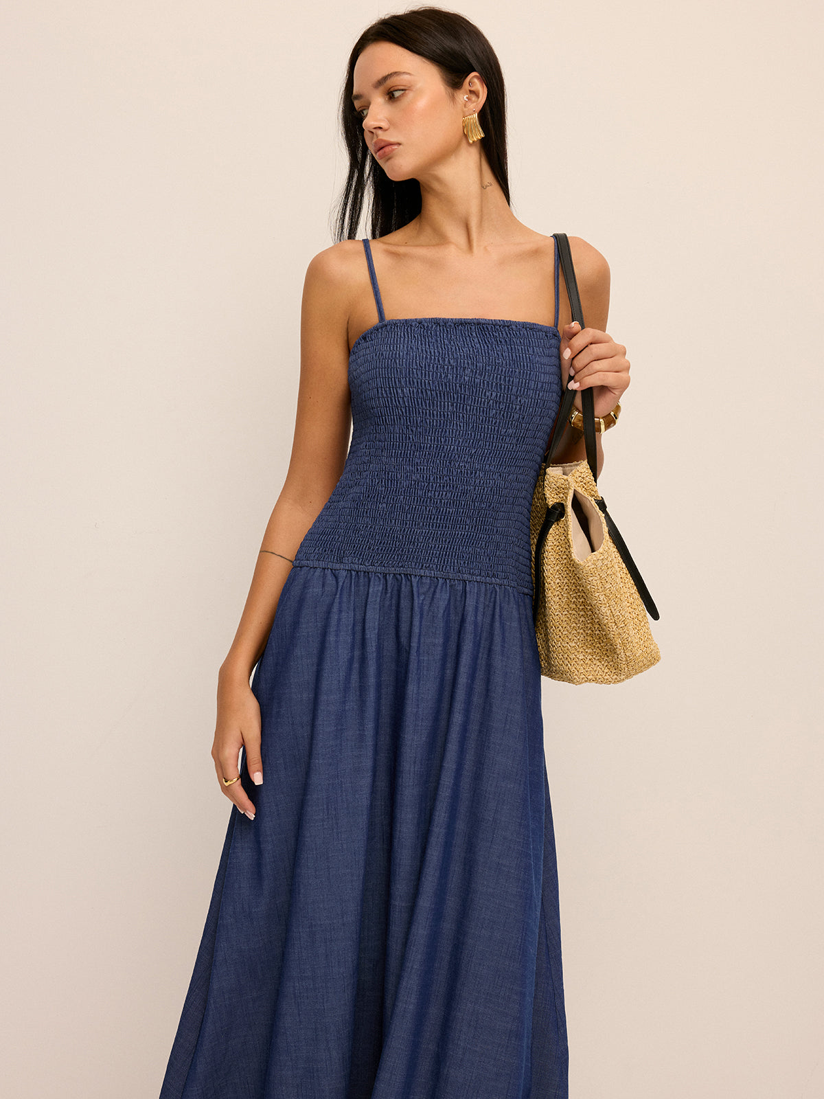 Smocked Bodice Cami Midi Dress for Summer Casual Style