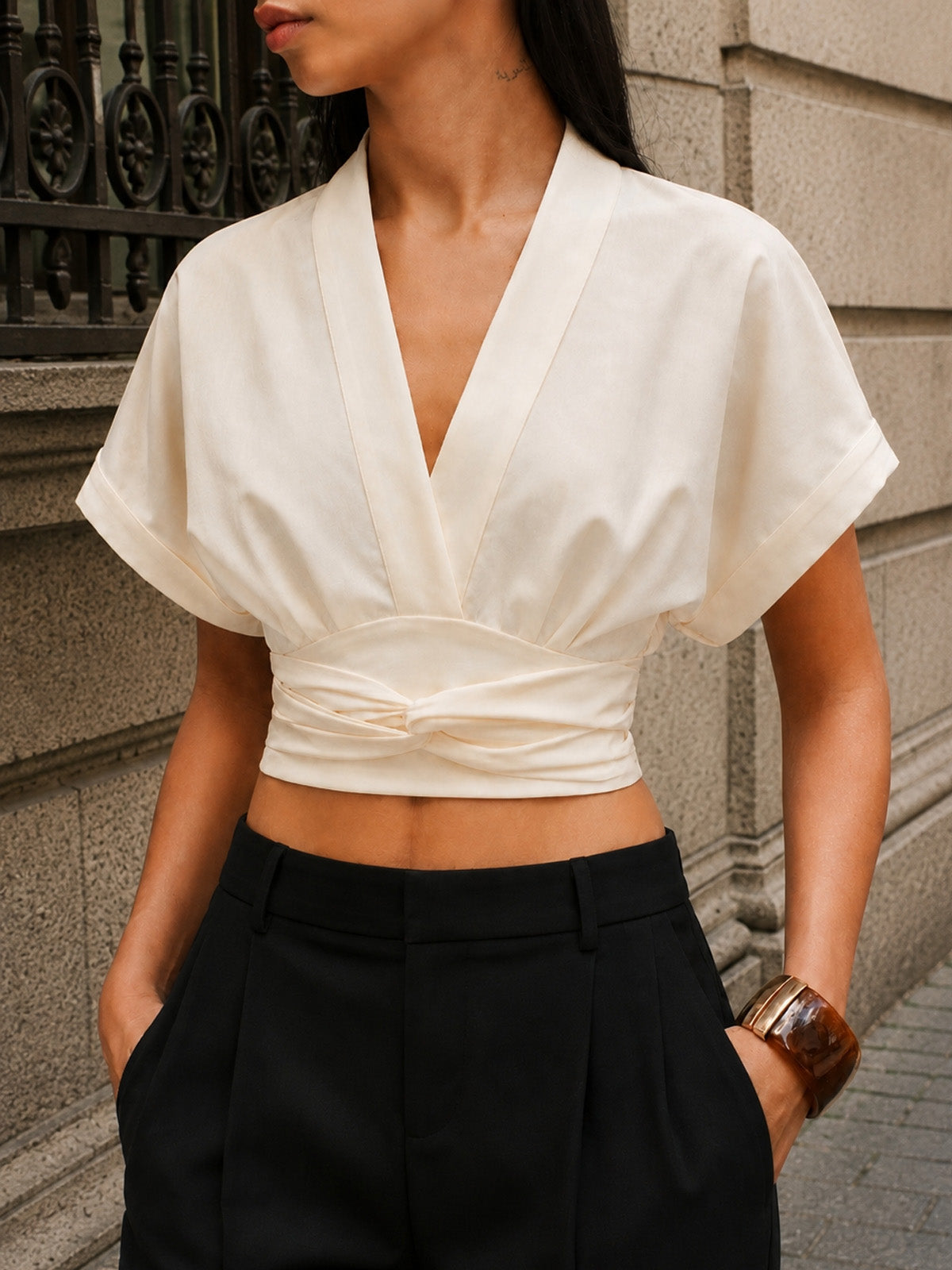V-Neck Cinched Waist Cotton Linen Blouse for Women Lightweight Summer Top