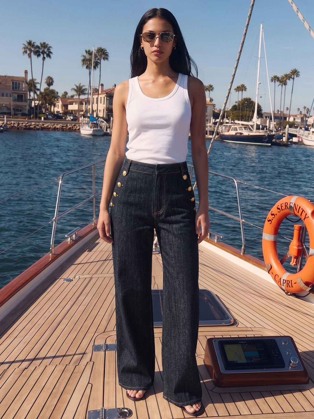 Double Row Metal Detail High Waist Denim Jeans Pants