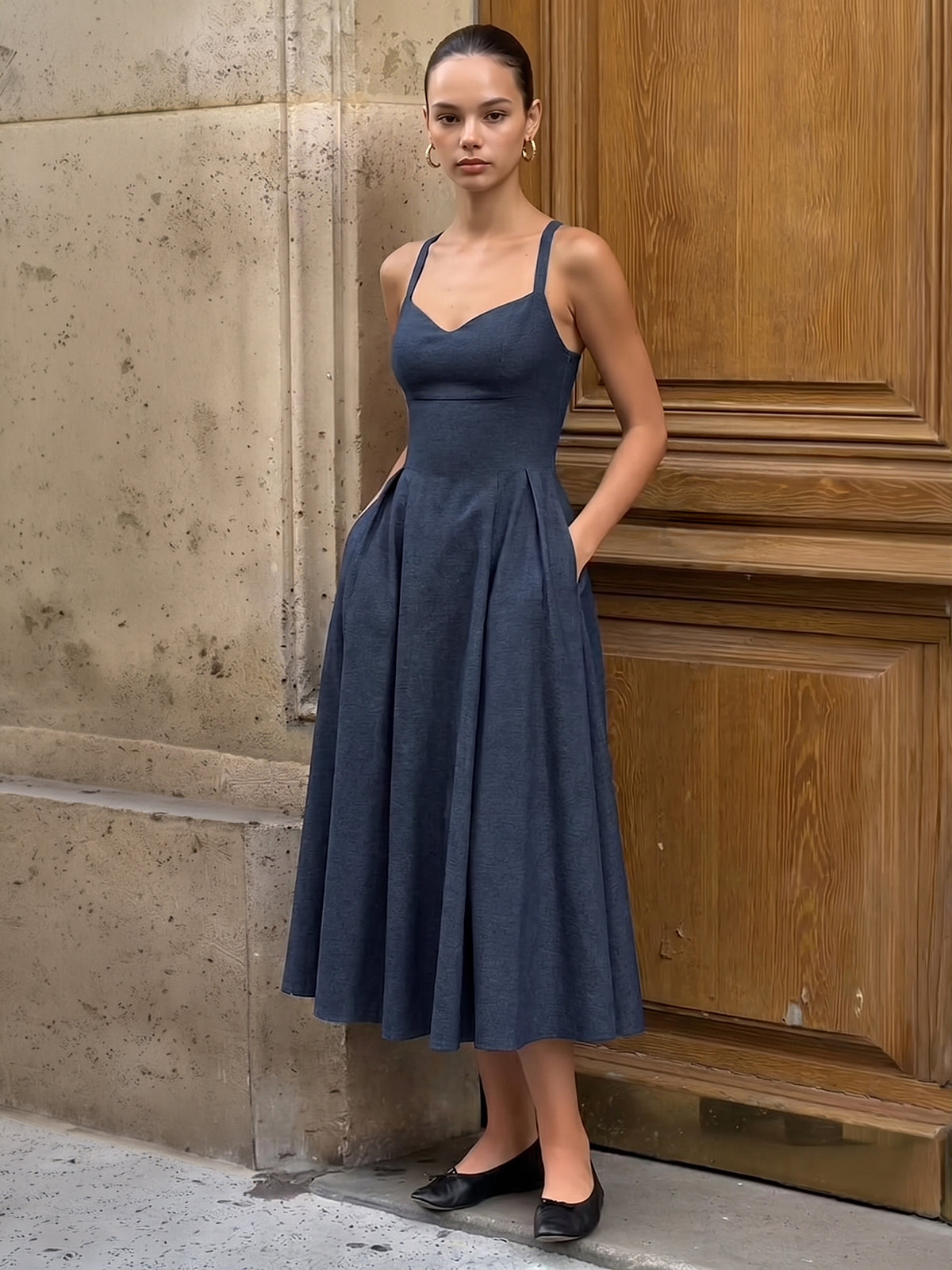 Sweetheart Pocket Midi Slip Dress with Adjustable Straps