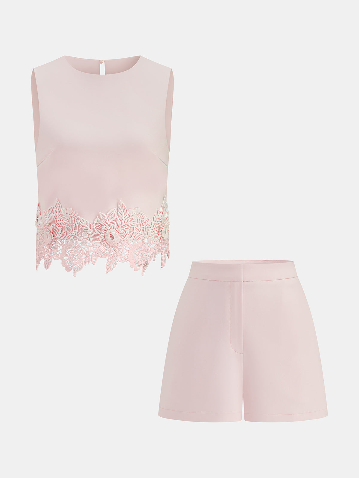 Enhance your wardrobe with our Lace Hem Sleeveless Top & Shorts Set, featuring delicate details and a versatile design for any casual occasion.
